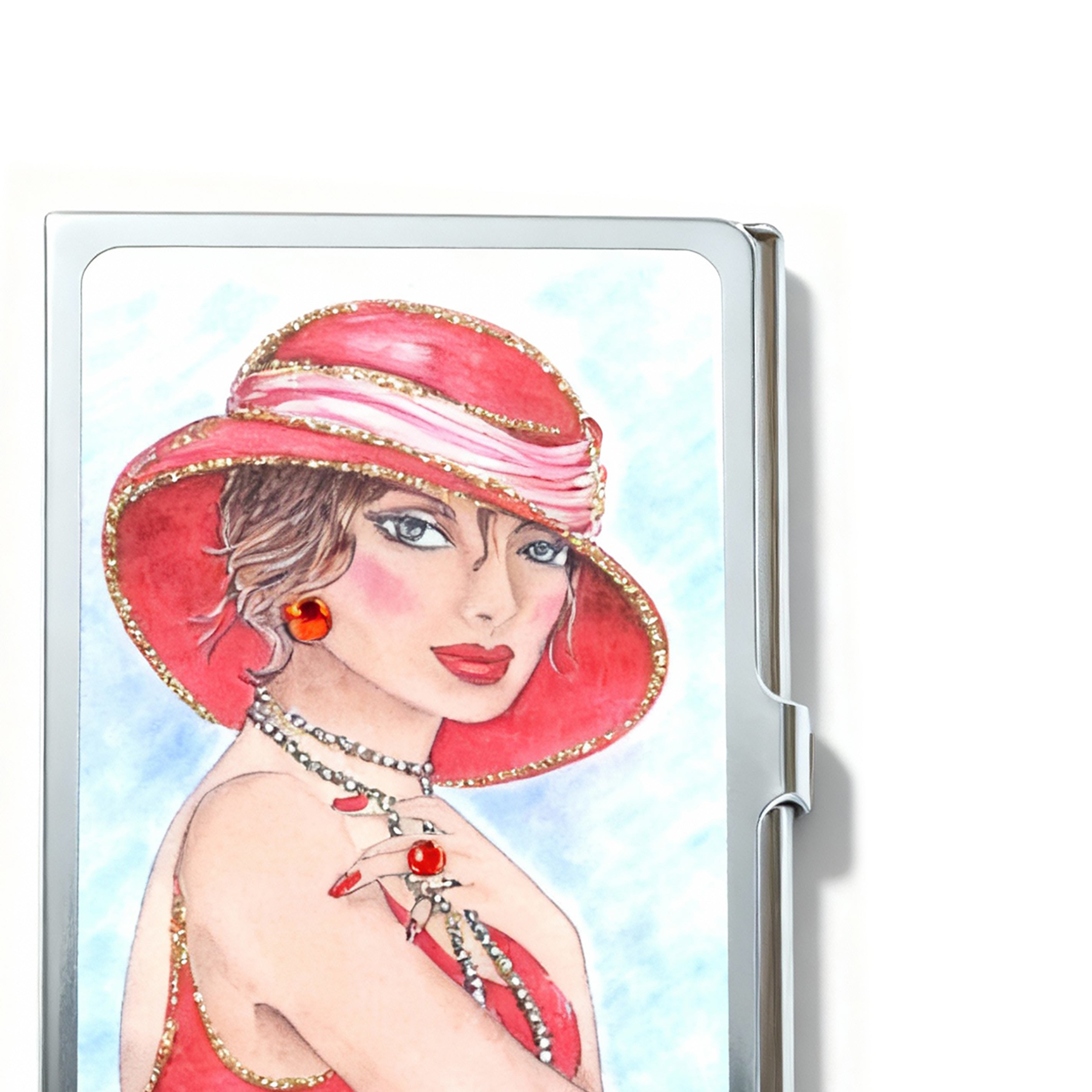 Personalized Expressions. Silver Card Holder with a Lady in Red Illustration. Small Size