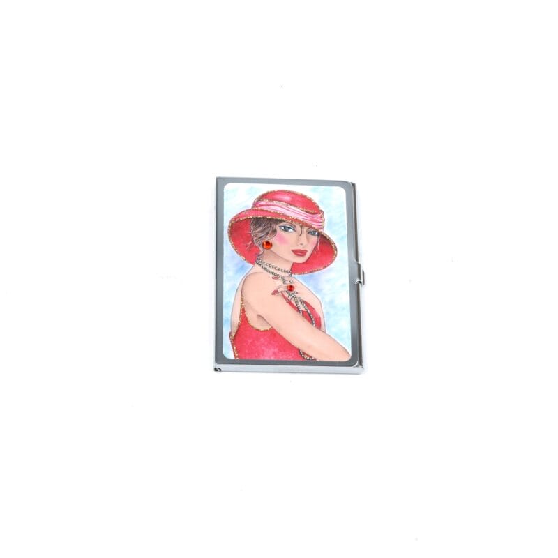 Personalized Expressions. Silver Card Holder with a Lady in Red Illustration. Small Size