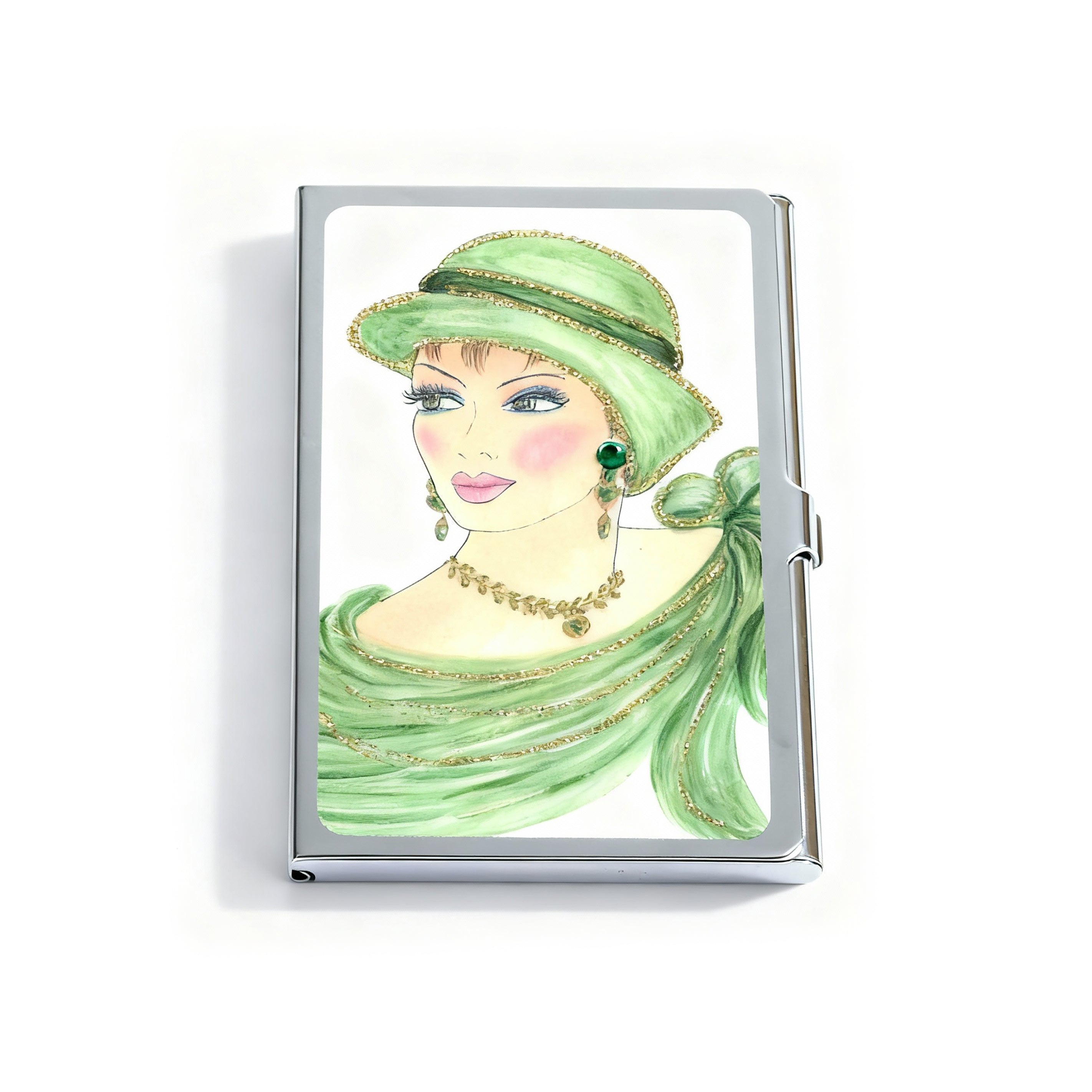 Personalized Expressions. Silver Card Holder with a Lady in Green Illustration. Small Size