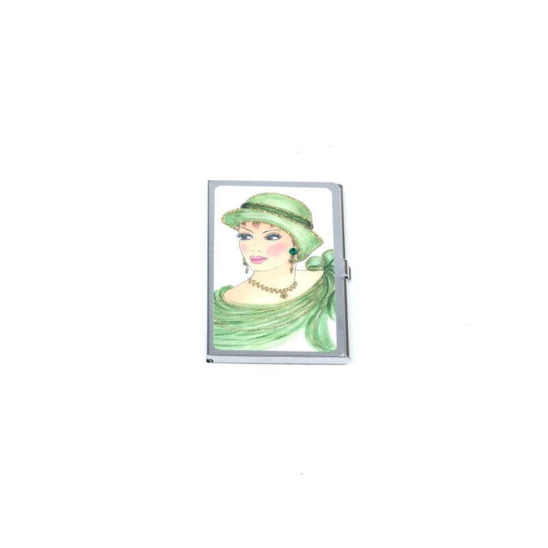 Personalized Expressions. Silver Card Holder with a Lady in Green Illustration. Small Size