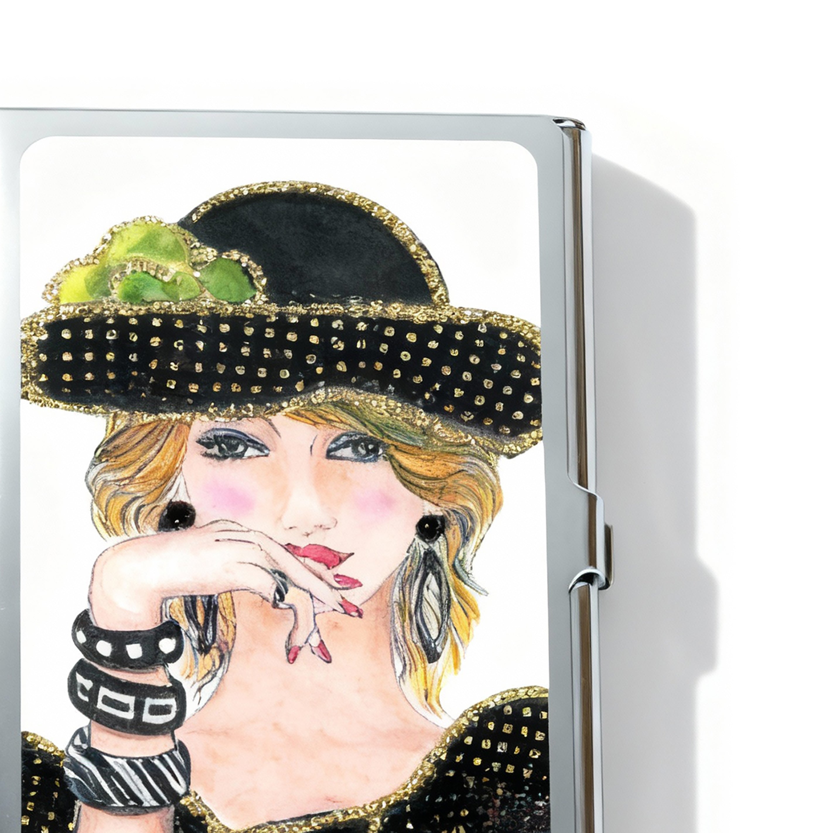 Personalized Expressions. Silver Card Holder with a Lady in black Illustration. Small Size