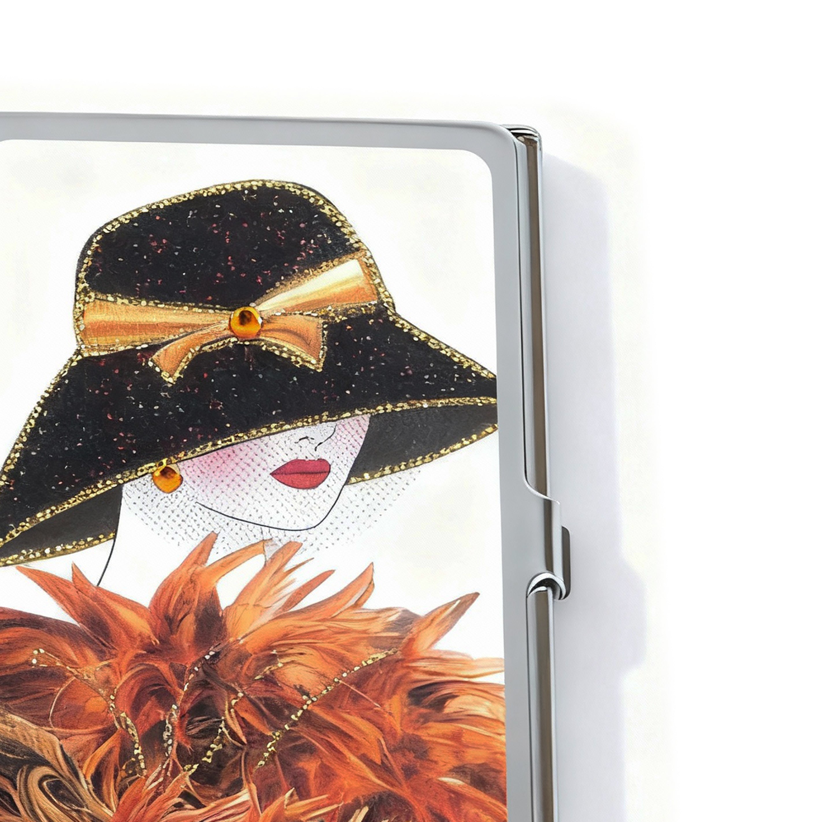 Personalized Expressions. Silver Card Holder with a Lady in Orange Illustration. Small Size