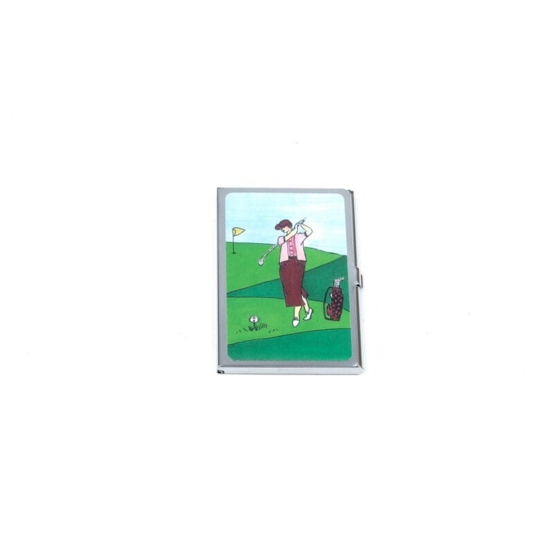 Personalized Expressions. Silver Card Holder with Golfing Lady Design. Small Size