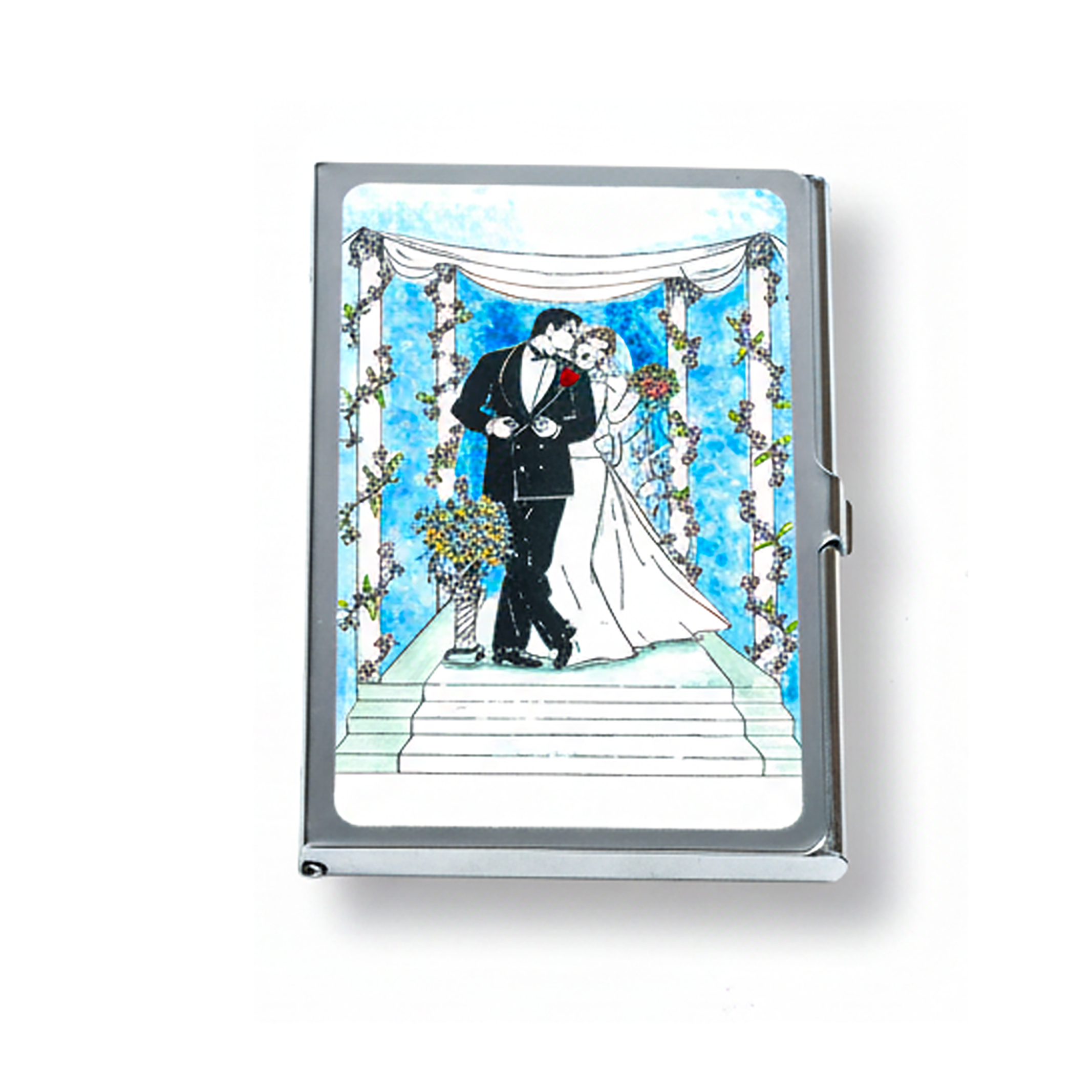 Personalized Expressions. Silver Card Holder with Groom & Bride Design. Small Size