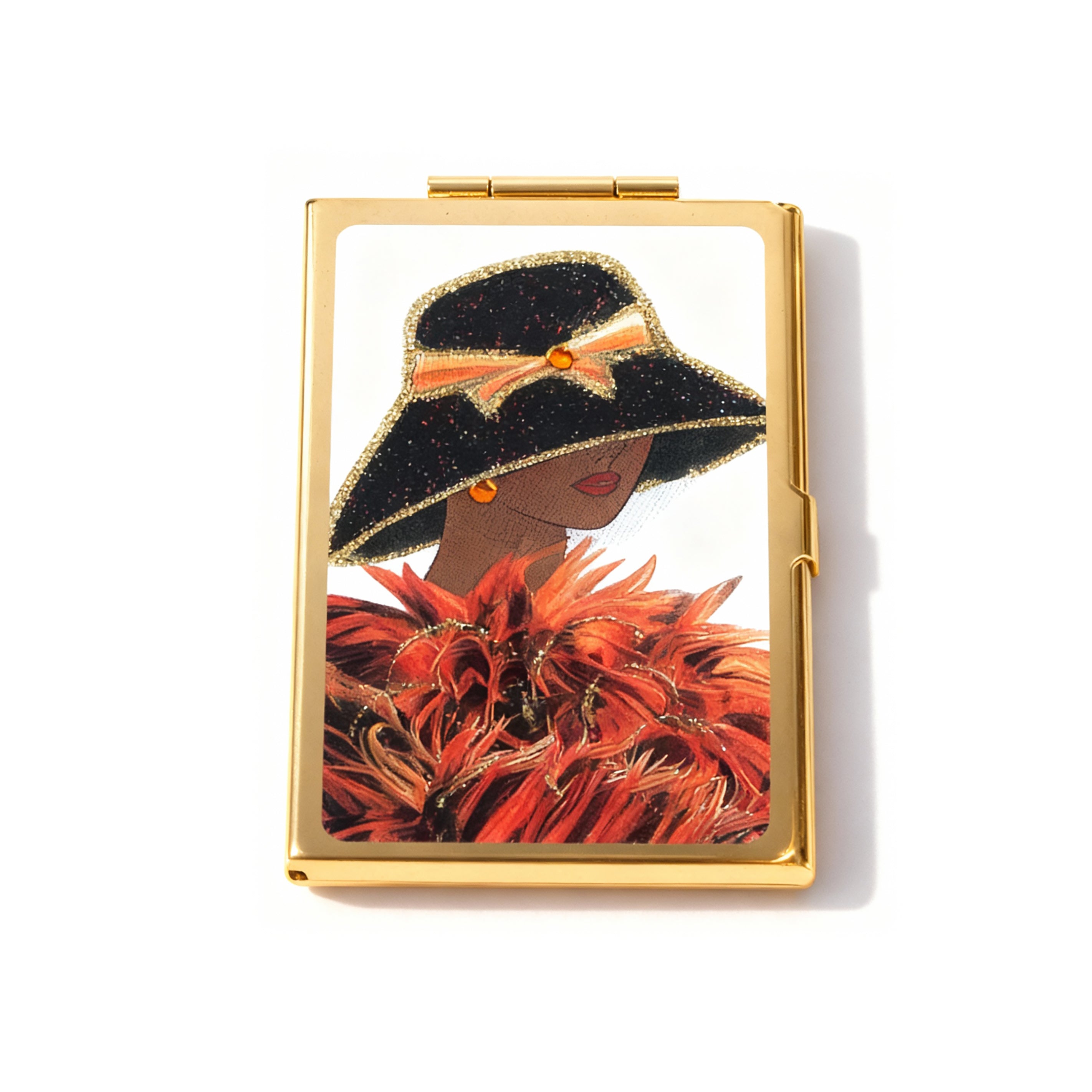 Personalized Expressions. Gold Card Holder with a Lady in Orange Illustration. Small Size
