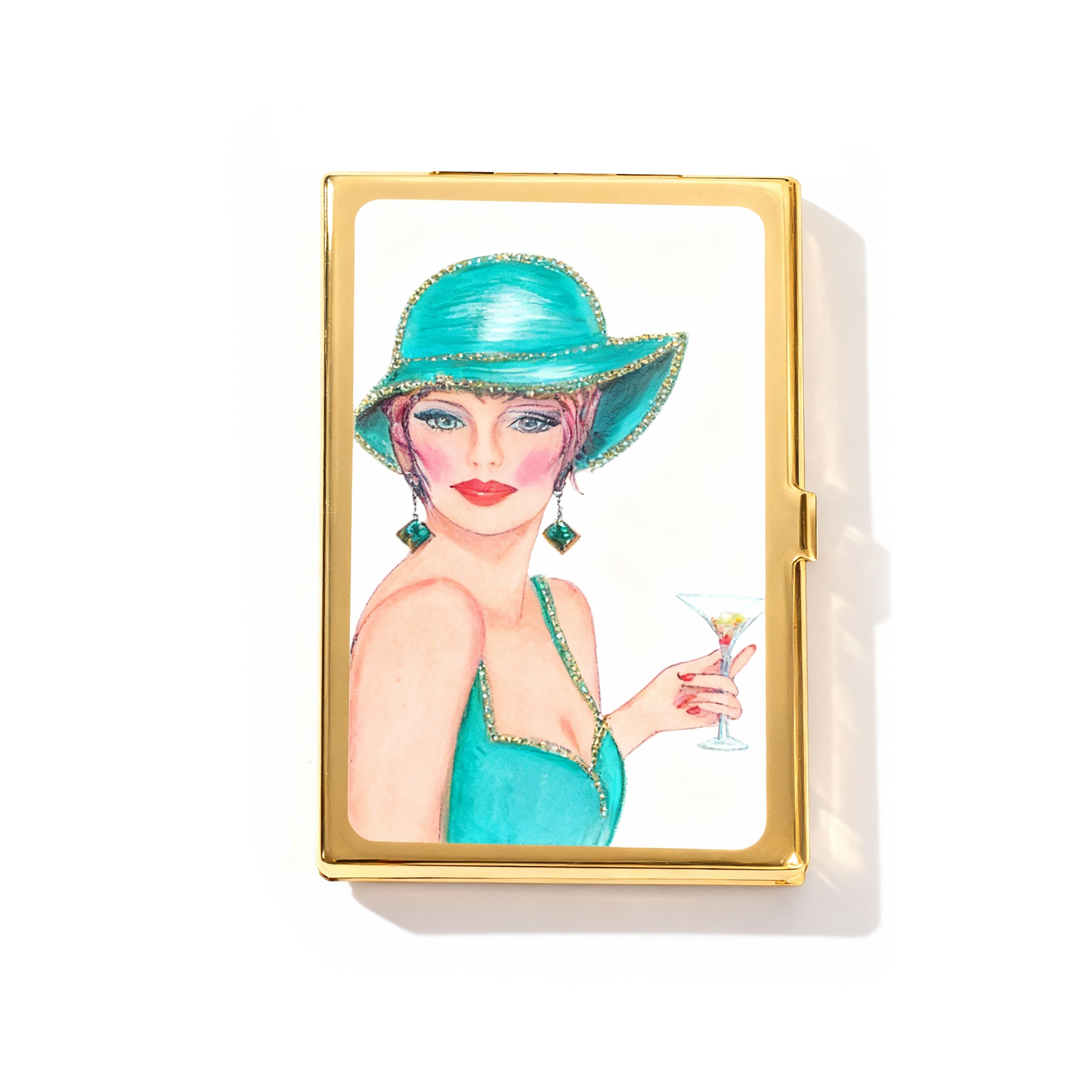 Personalized Expressions. Gold Card Holder with a Lady in Blue Illustration. Small Size