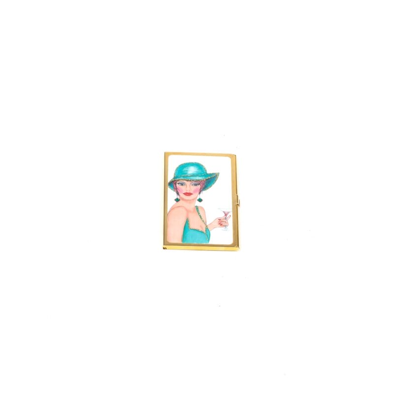 Personalized Expressions. Gold Card Holder with a Lady in Blue Illustration. Small Size