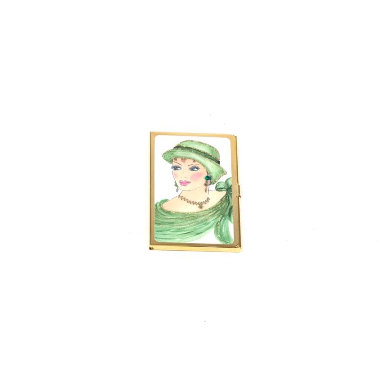 Personalized Expressions. Gold Card Holder with a Lady in Green Illustration. Small Size