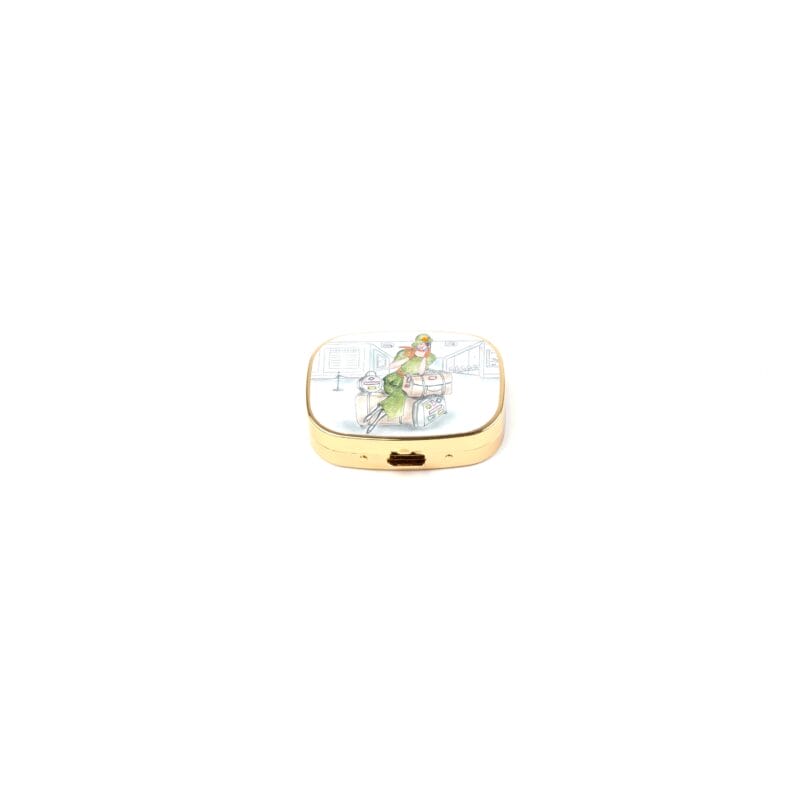 Personalized Expressions. Gold Pill Case with a Travelling Lady Illustration. Small Size