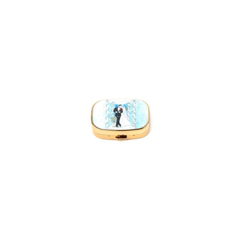 Personalized Expressions. Gold Pill Case with a Groom & Bride Illustration. Small Size