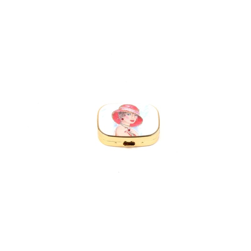 Personalized Expressions. Gold Pill Case with a Lady in Red Illustration. Small Size