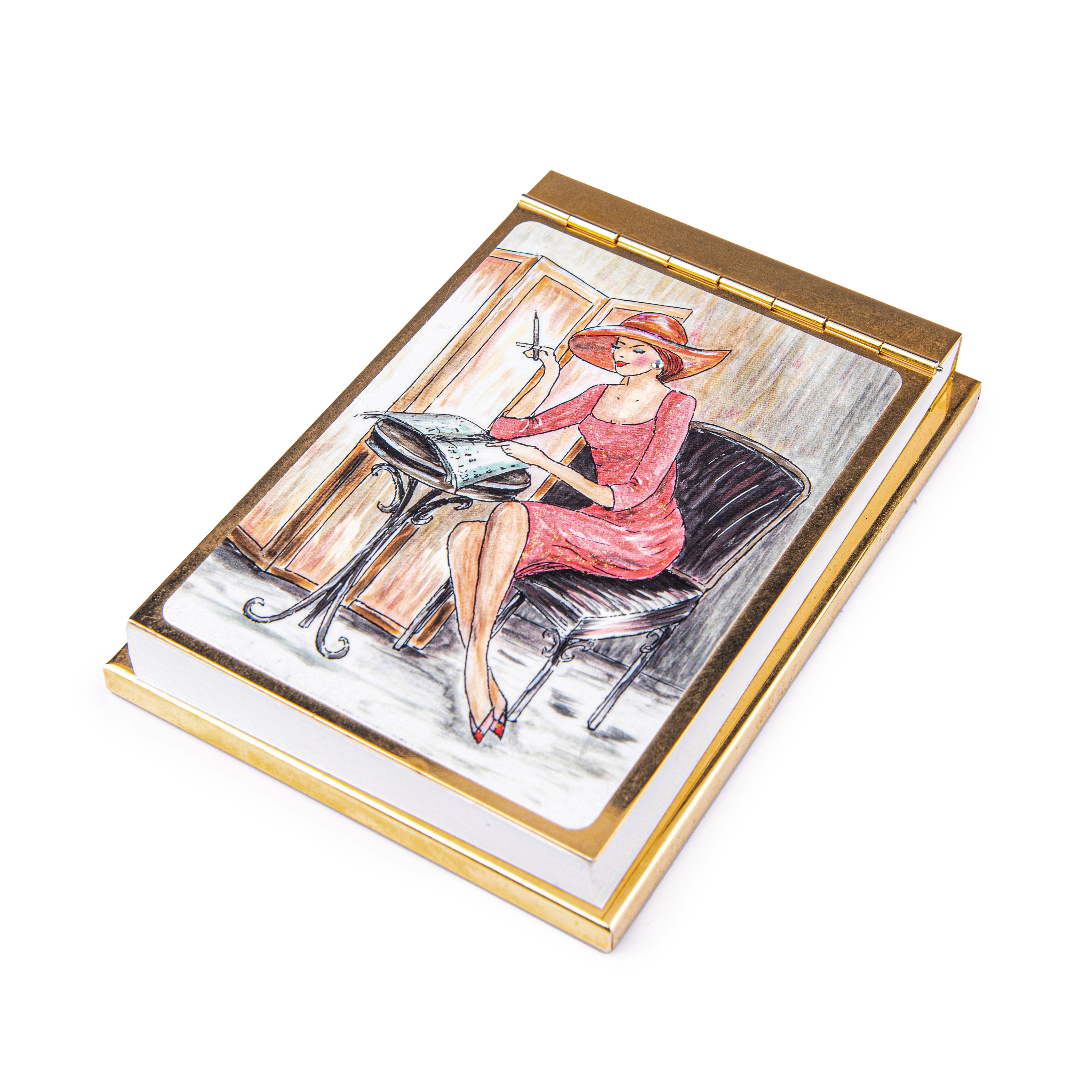 Personalized Expressions. Golden Memo Pad Featuring a Sitting Lady