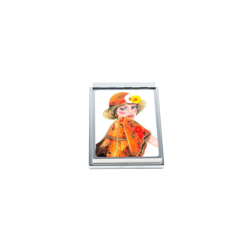 Personalized Expressions. Silver Memo Pad with a Lady in Floral Dress Illustration. Small Size