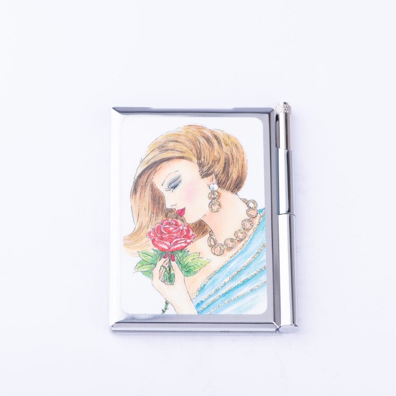 Personalized Expressions. Memo Pad with a Pen in a Lady with a Rose Design