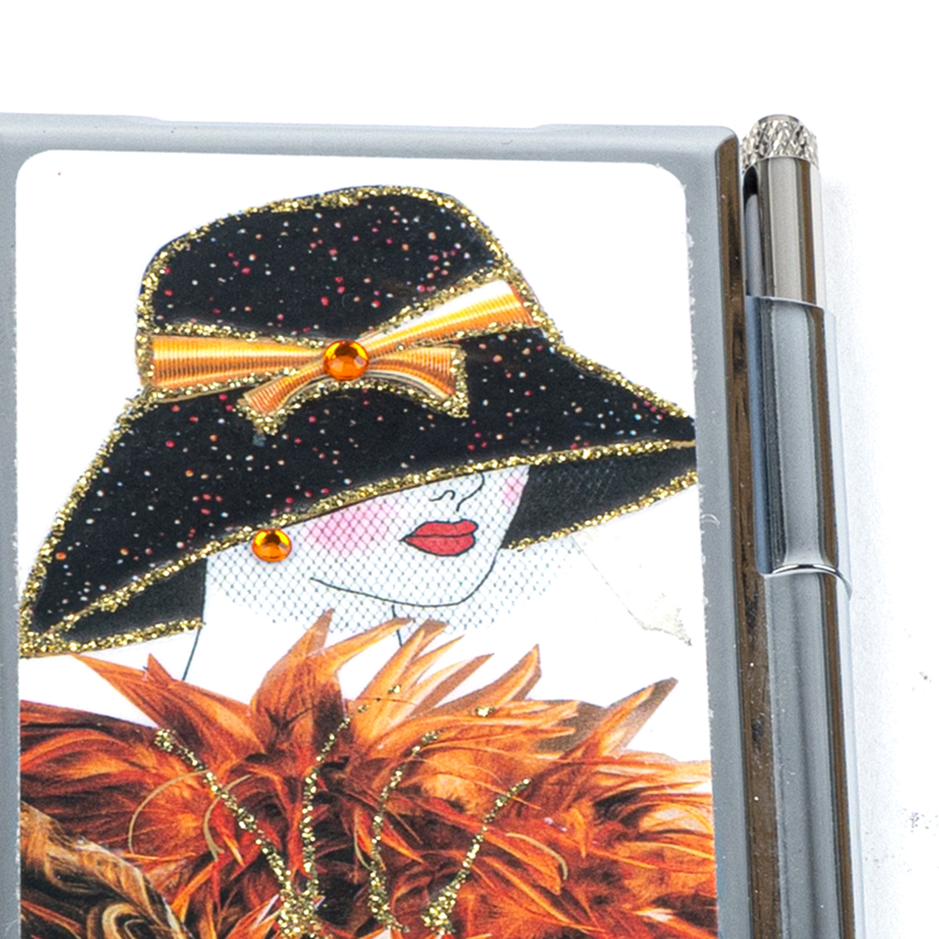 Personalized Expressions. Silver Memo Pad with a Lady in Orange Illustration. Small Size