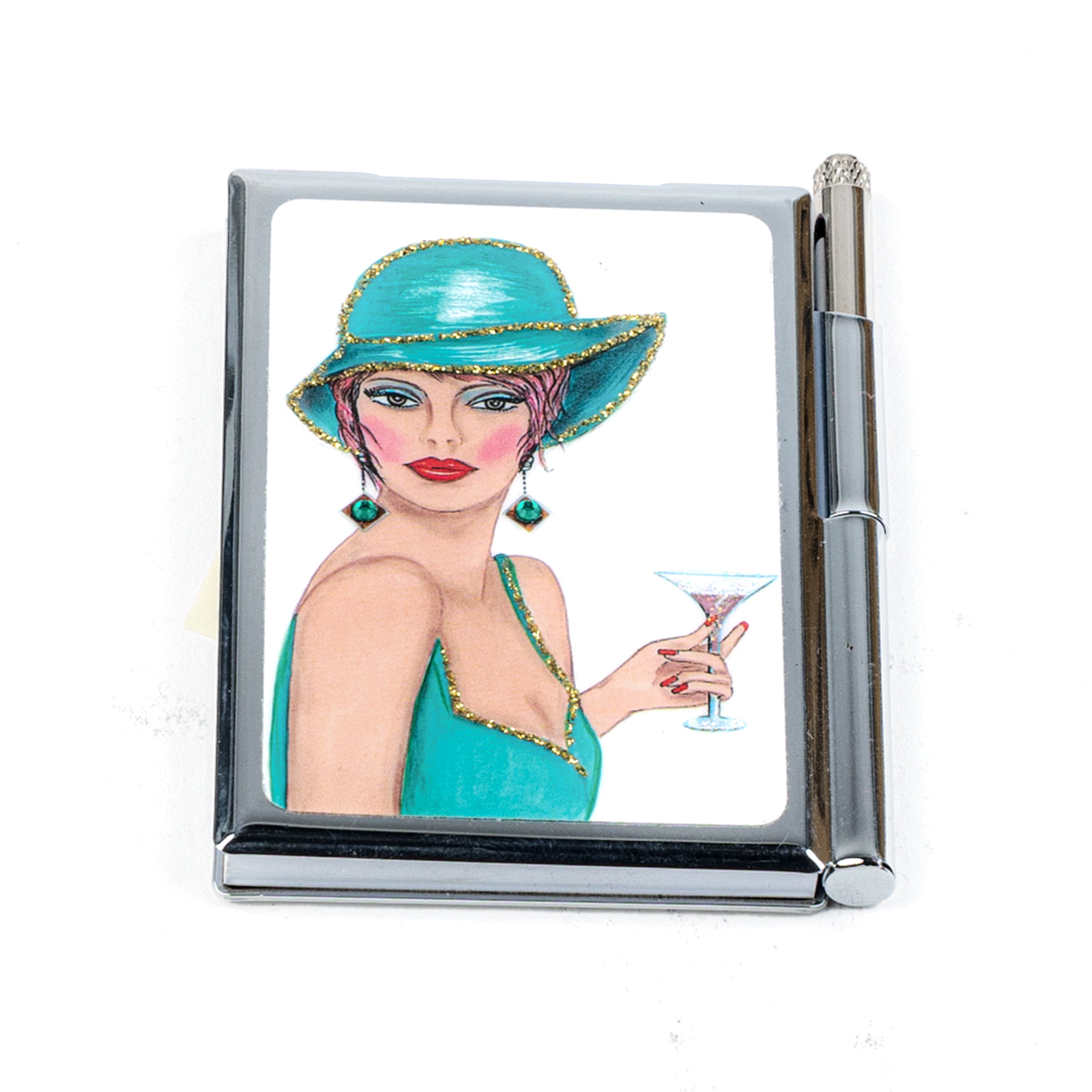 Personalized Expressions. Silver Memo Pad with a Lady in Blue Illustration. Small Size