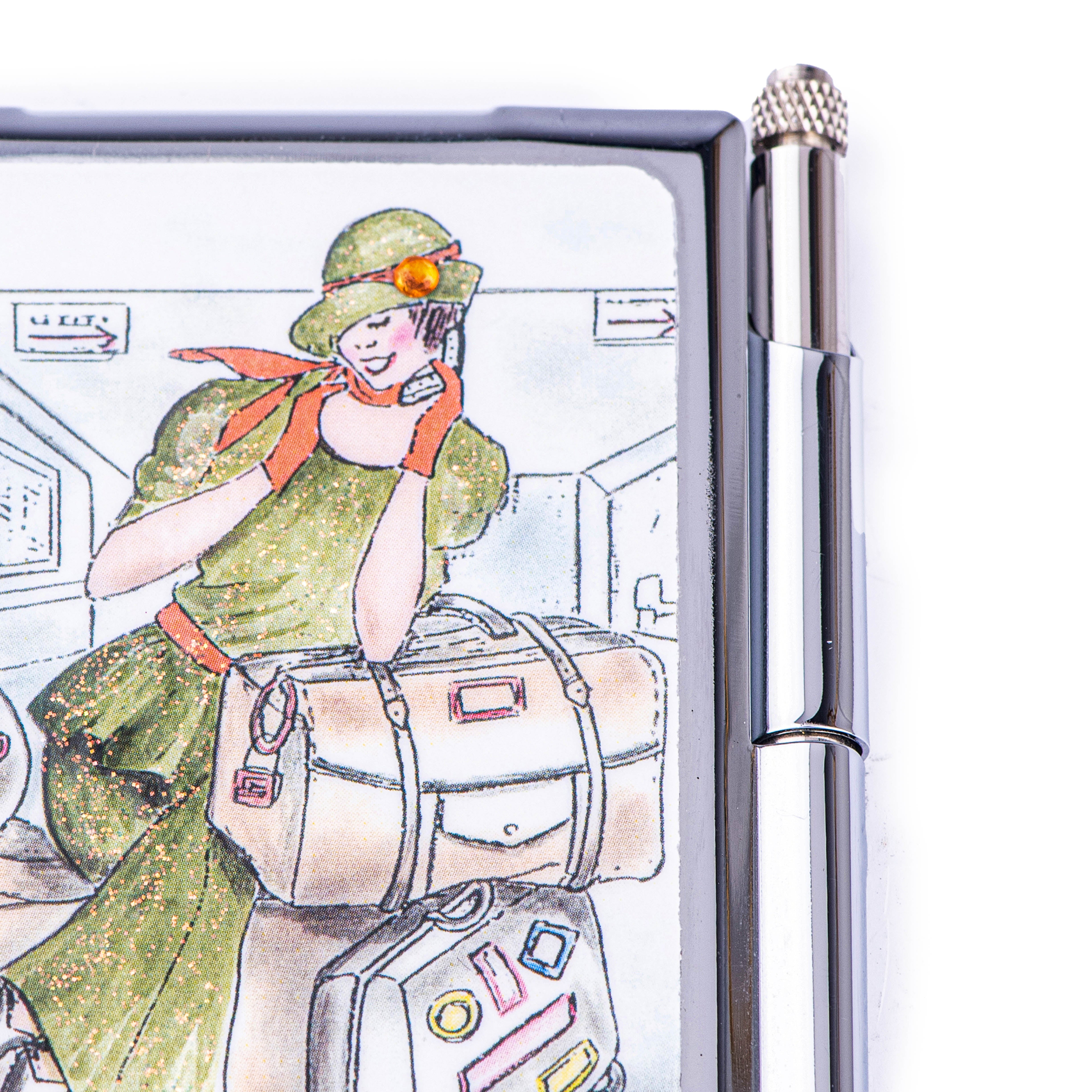 Personalized Expressions. Silver Plated Memo Pad with a Pen Featuring a Traveling Lady