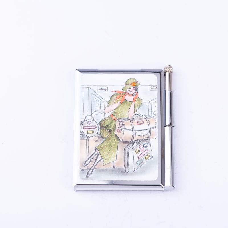 Personalized Expressions. Silver Plated Memo Pad with a Pen Featuring a Traveling Lady