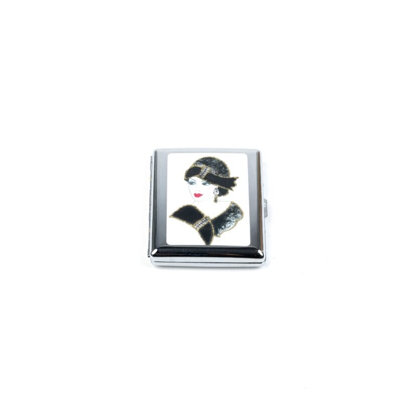 Personalized Expressions. Silver Plated Cigarette Case with a Lady in Black Illustration. Small Size