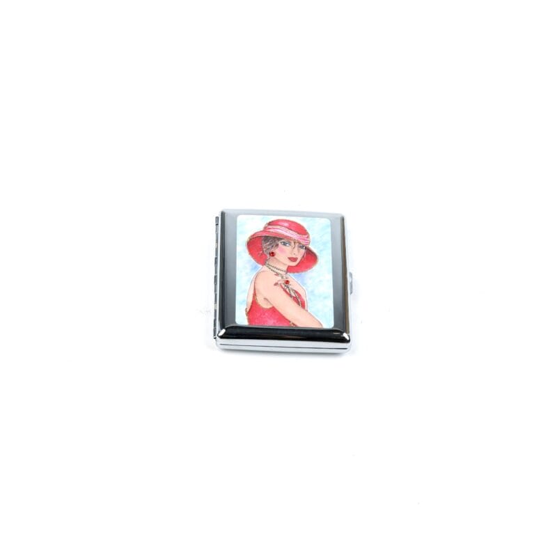 Personalized Expressions. Silver Plated Cigarette Case with A Lady in Red Illustration. Small Size