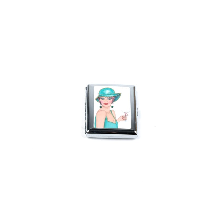 Personalized Expressions. Silver Plated Cigarette Case with a Lady in Blue Illustration. Small Size