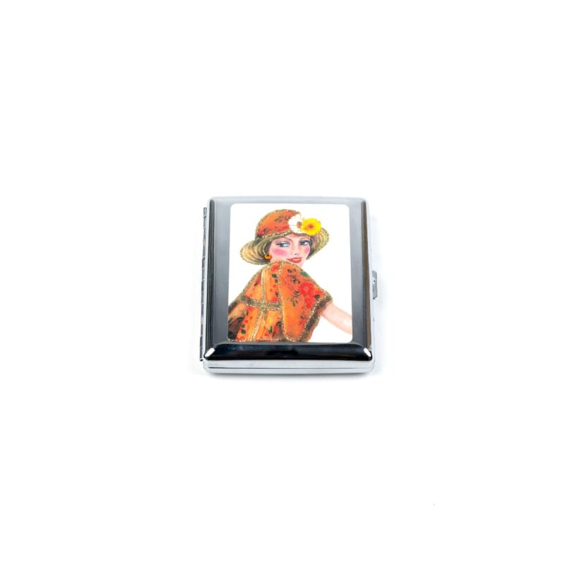Personalized Expressions. Silver Plated Cigarette Case with a Lady in Floral Dress Illustration. Small Size