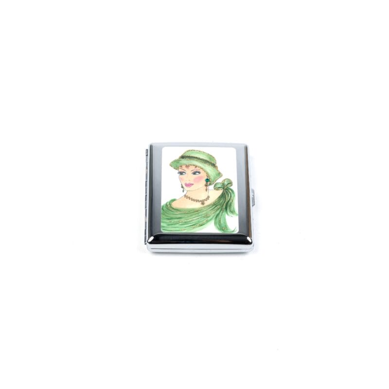 Personalized Expressions. Silver Cigarette Case with a Lady in Green Illustration. Small Size