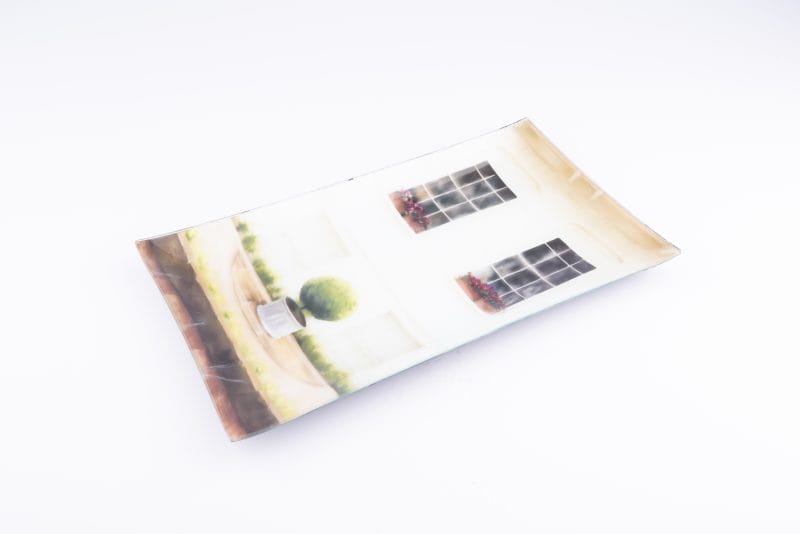 Cindy Avroch. Glass Wall Decorative Plate Design with House Illustration