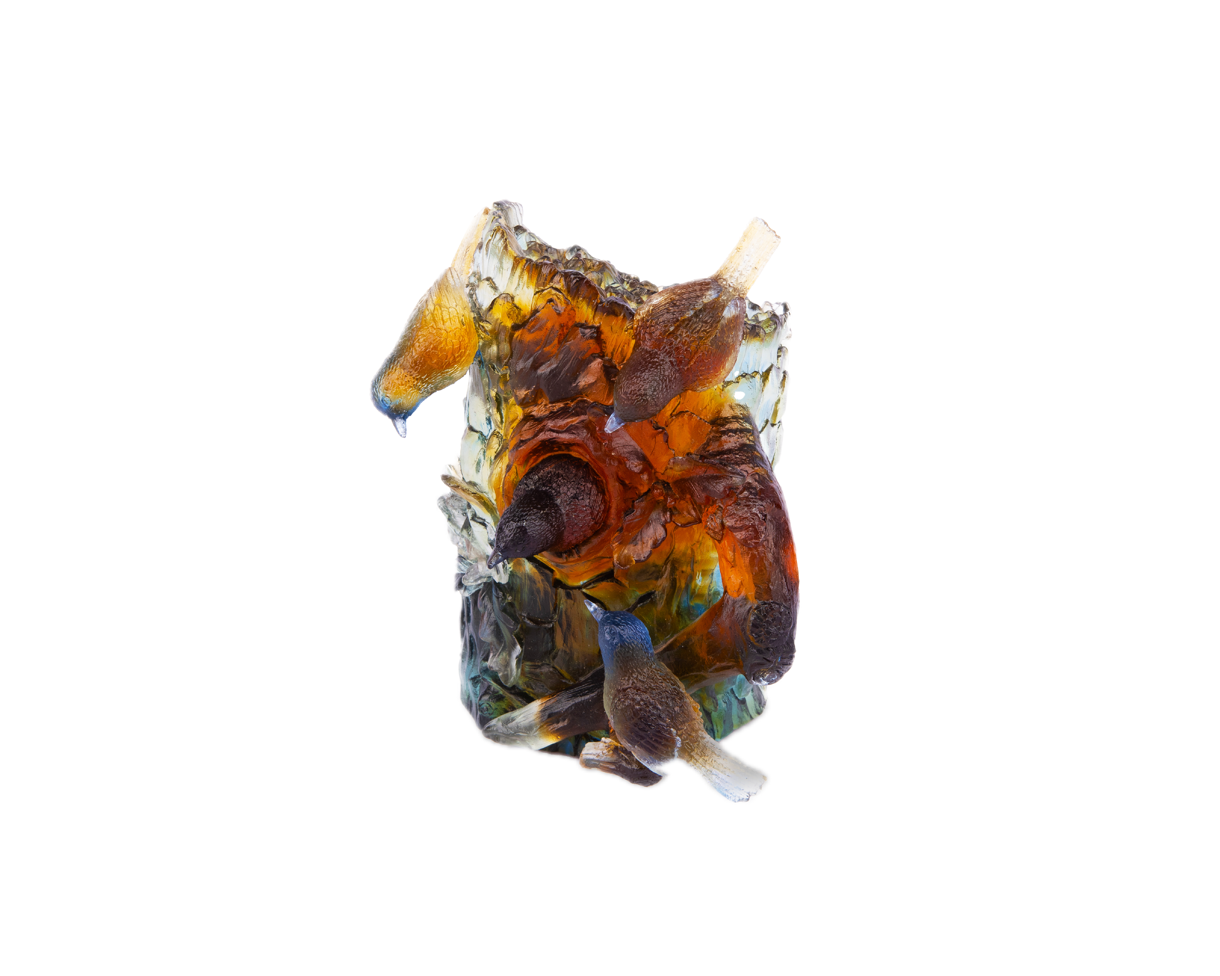 Roost. Pate De Verre Birds on a Wood Log Sculpture