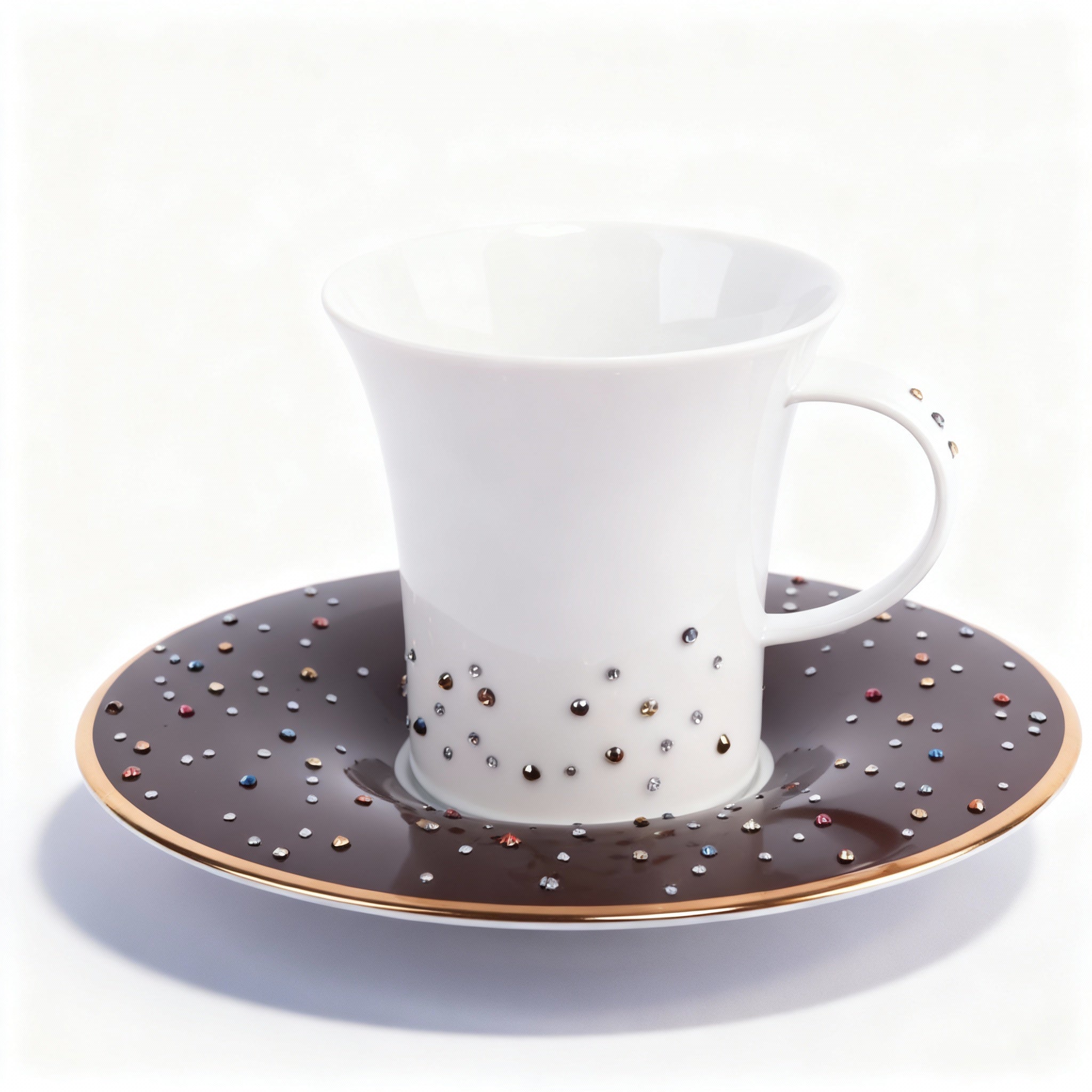 Manufacture De Monaco. Set of 4 Medium White Coffee Cups & Brown Saucers Studded with Swarovski