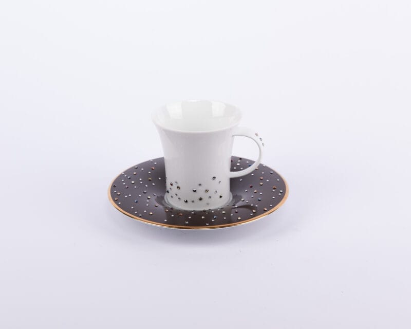 Manufacture De Monaco. Set of 4 White Coffee Cups & Brown Saucers Studded with Swarovski