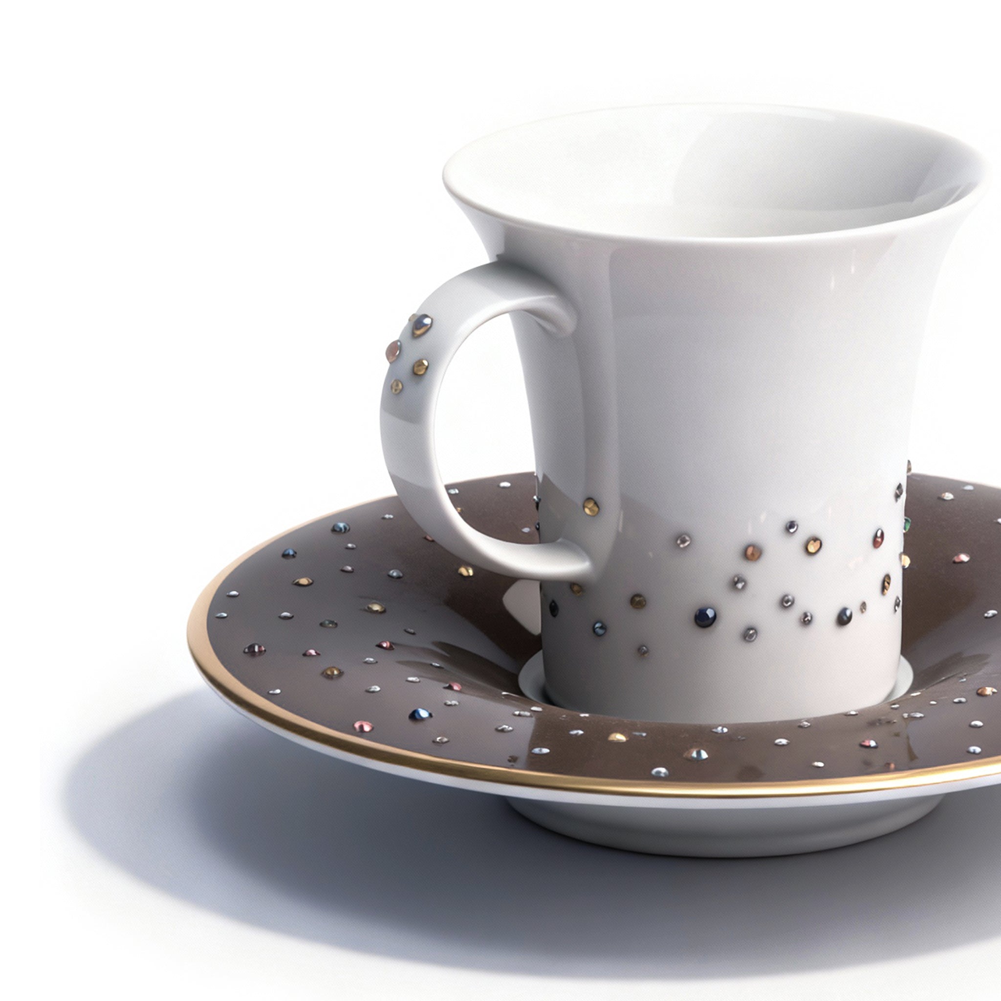 Manufacture De Monaco. Set of 3 Medium Espresso Cups & Brown Saucers Studded with Swarovski. Small Size
