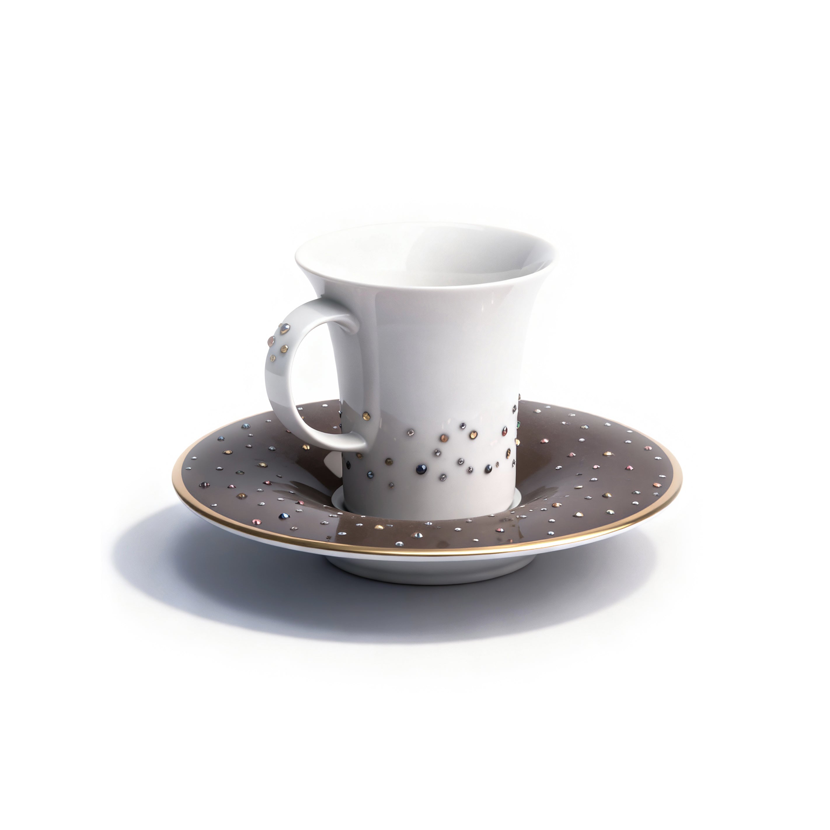 Manufacture De Monaco. Set of 3 Medium Espresso Cups & Brown Saucers Studded with Swarovski. Small Size