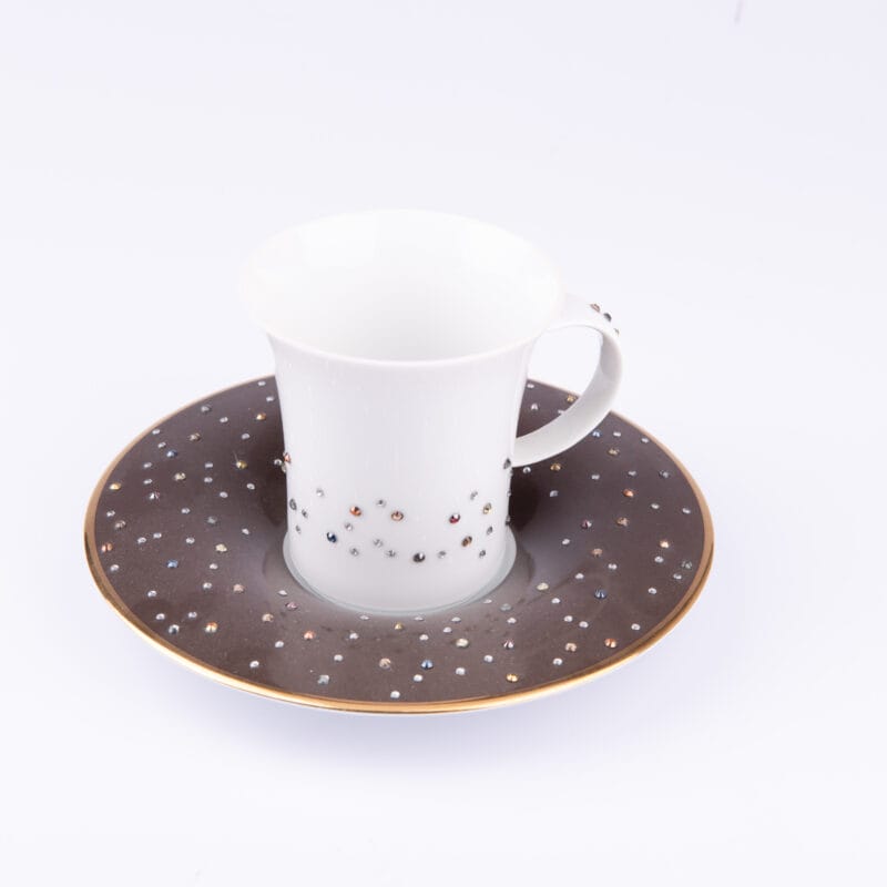 Manufacture De Monaco. Set of 4 Espresso Cups & Brown Saucers Studded with Swarovski. Small Size
