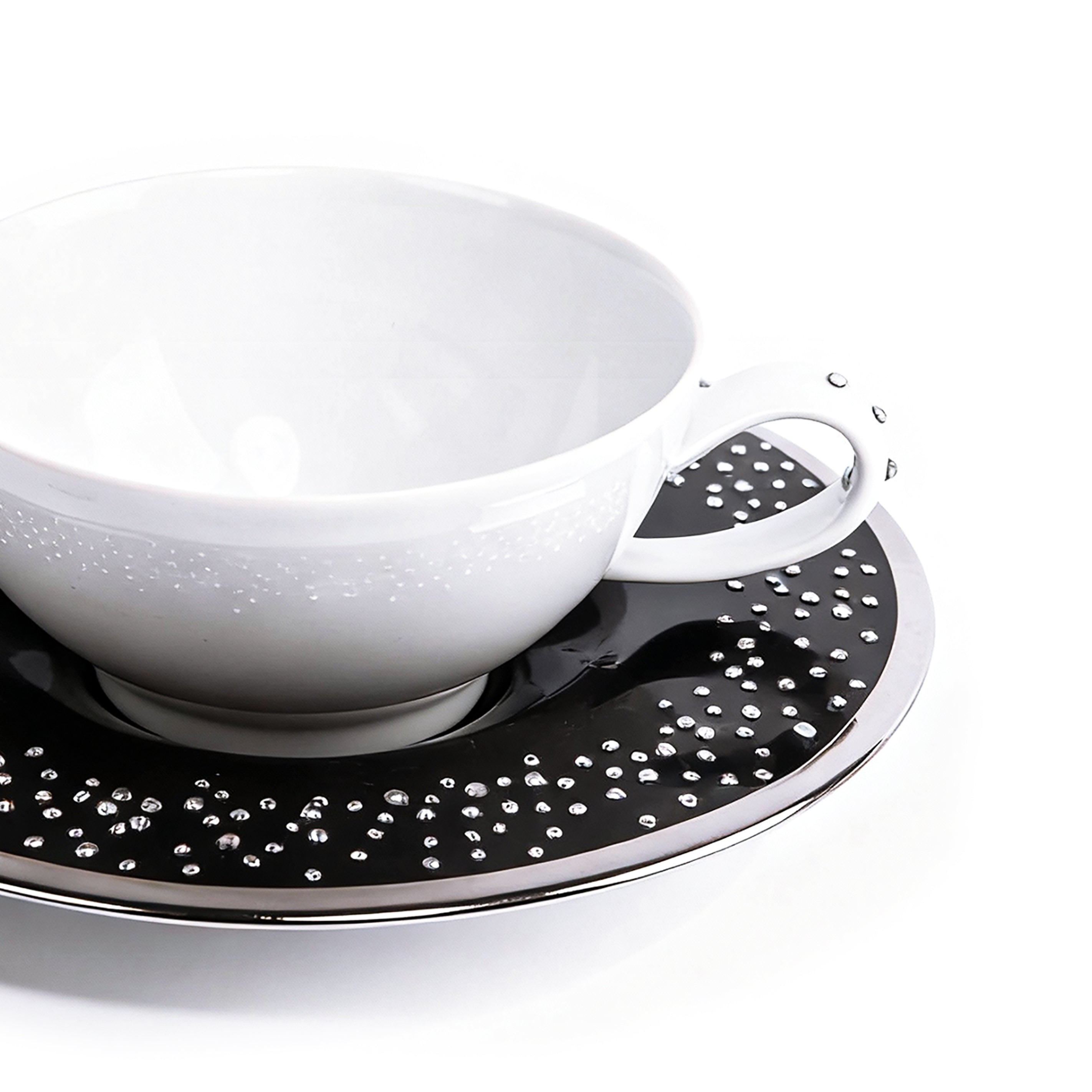 Manufacture De Monaco. White Tea Cup & Black Saucer Studded with Swarovski. Small Size