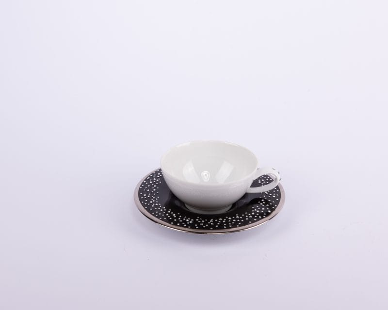 Manufacture De Monaco. White Tea Cup & Black Saucer Studded with Swarovski. Small Size