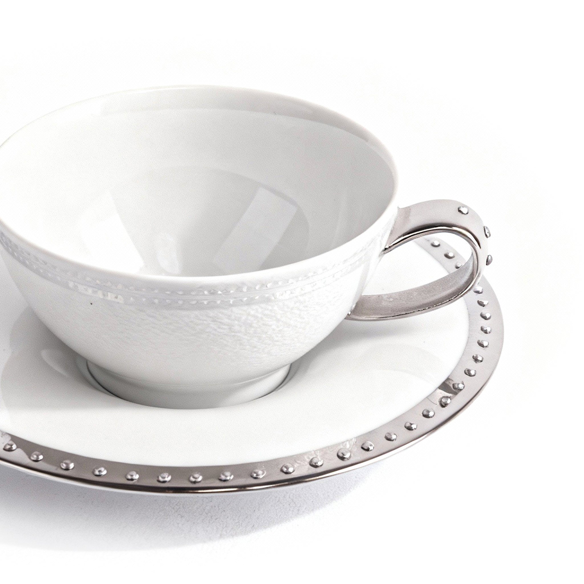 Manufacture De Monaco. Set of 4 White Tea Cups & Saucers Studded with Swarovski. Small Size