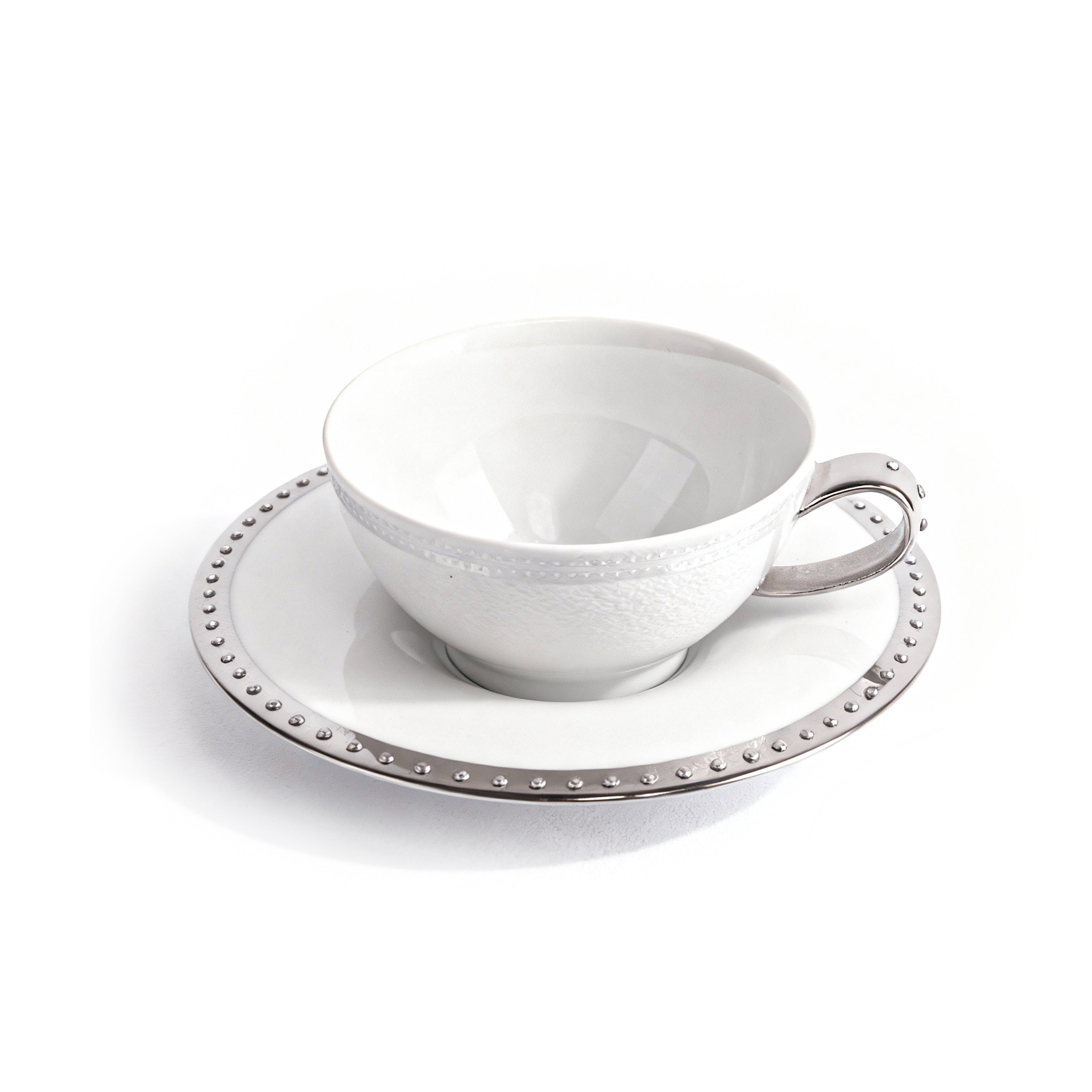 Manufacture De Monaco. Set of 4 White Tea Cups & Saucers Studded with Swarovski. Small Size