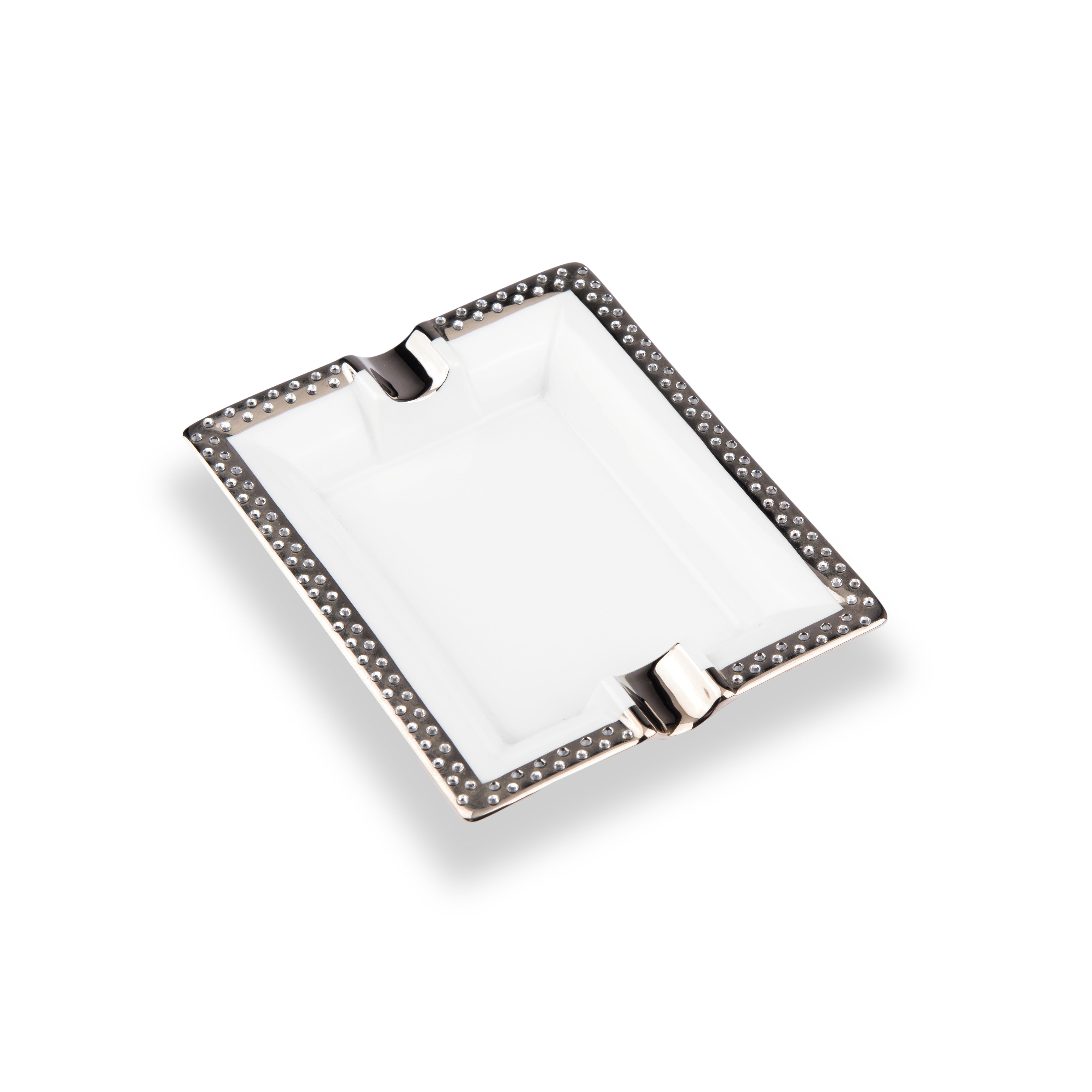 Manufacture De Monaco. Silver Porcelain Ashtray Studded with Swarovski. Medium Size