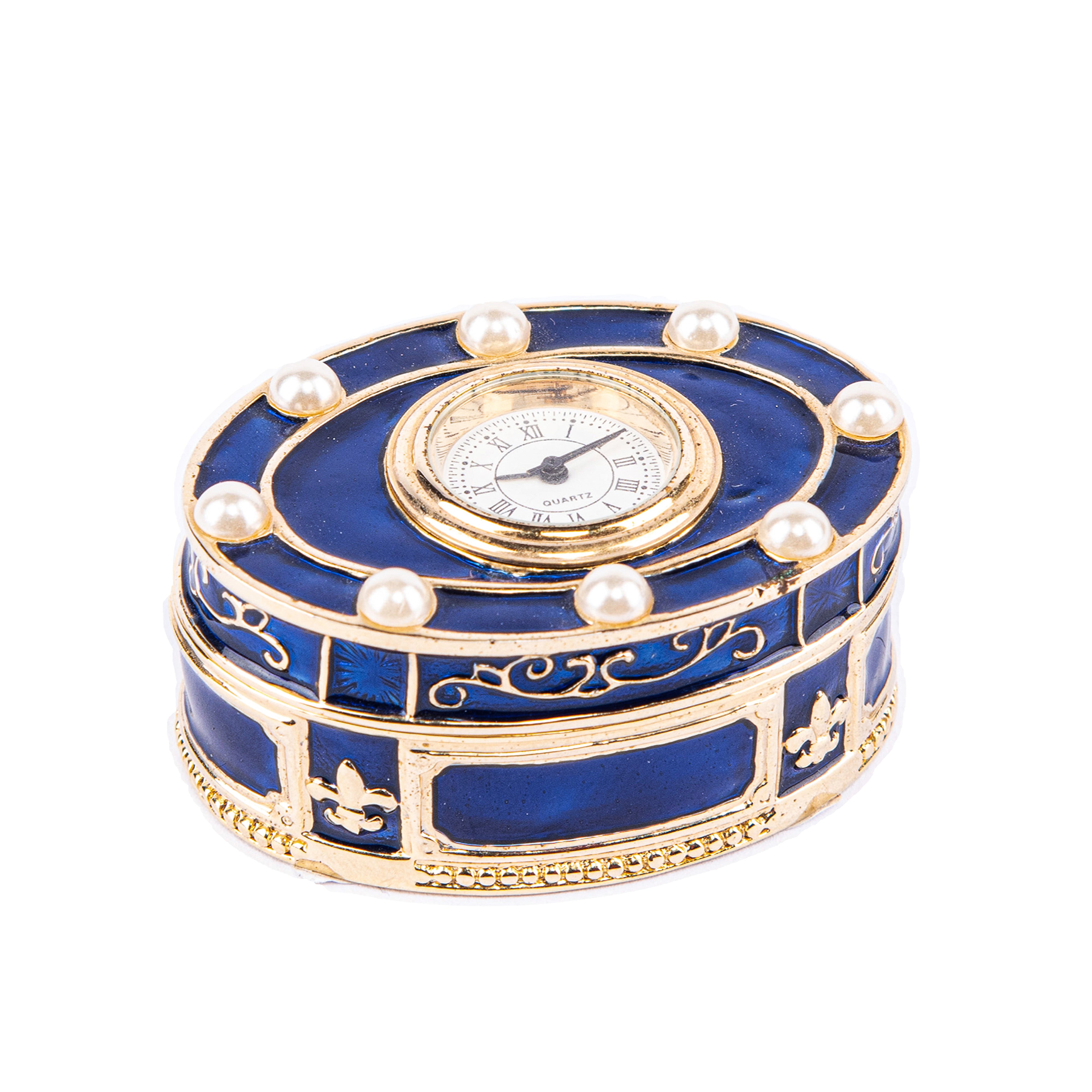 Arts & Civilisations. Blue Souvenir Box in A Clock Design Studded with Pearls