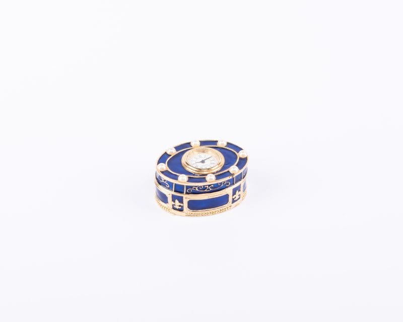 Arts & Civilisations. Blue Souvenir Box in A Clock Design Studded with Pearls