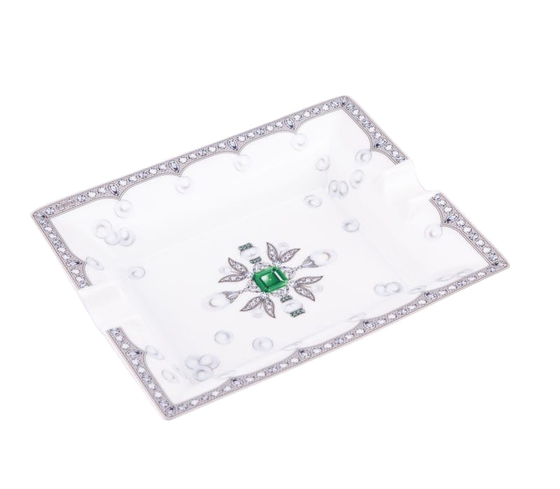 Fradkof. Limoges Hand Painted Porcelain Ashtray/Empty Pocket Studded with Emerald