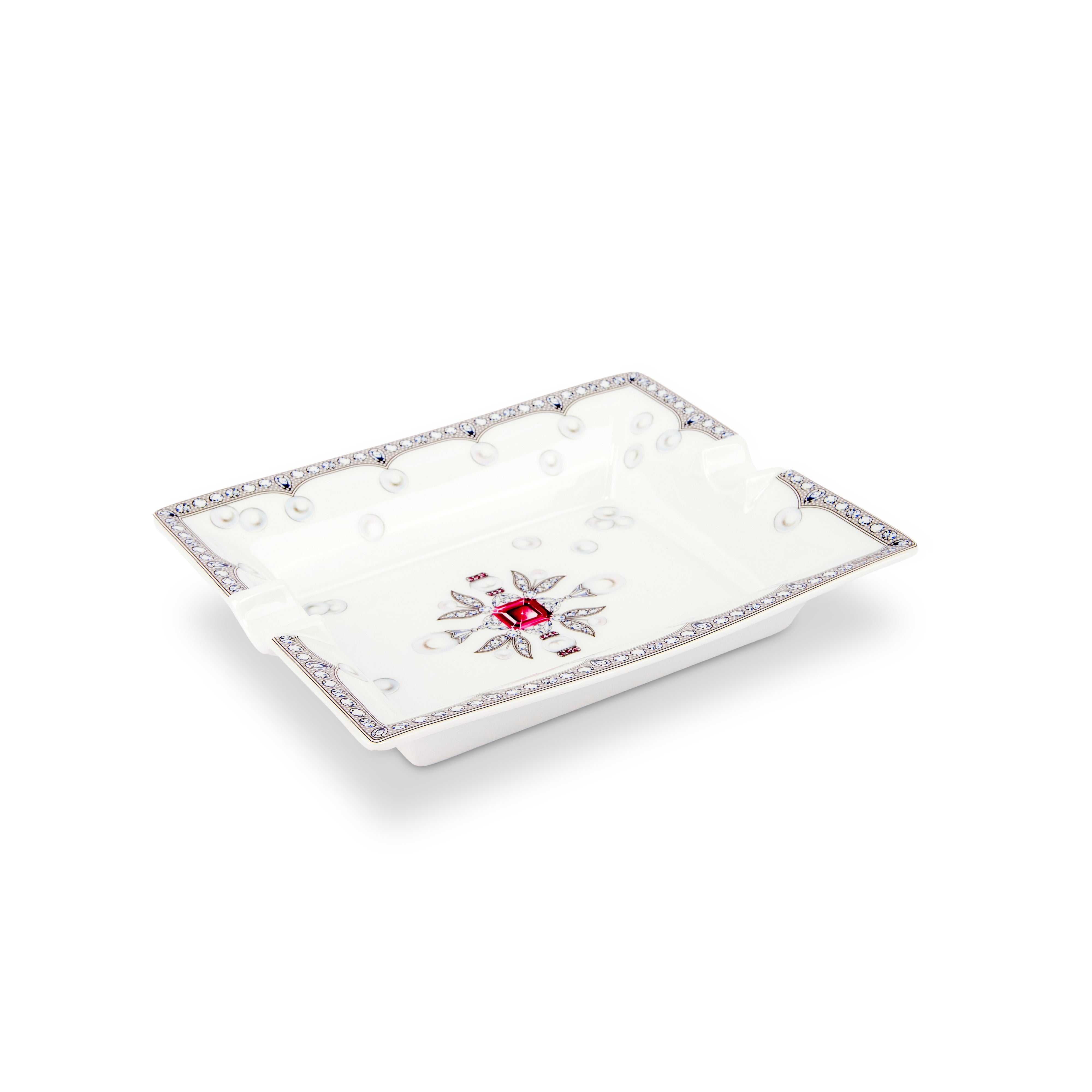 Fradkof. Limoges Hand Painted Porcelain Ashtray Studded with Ruby