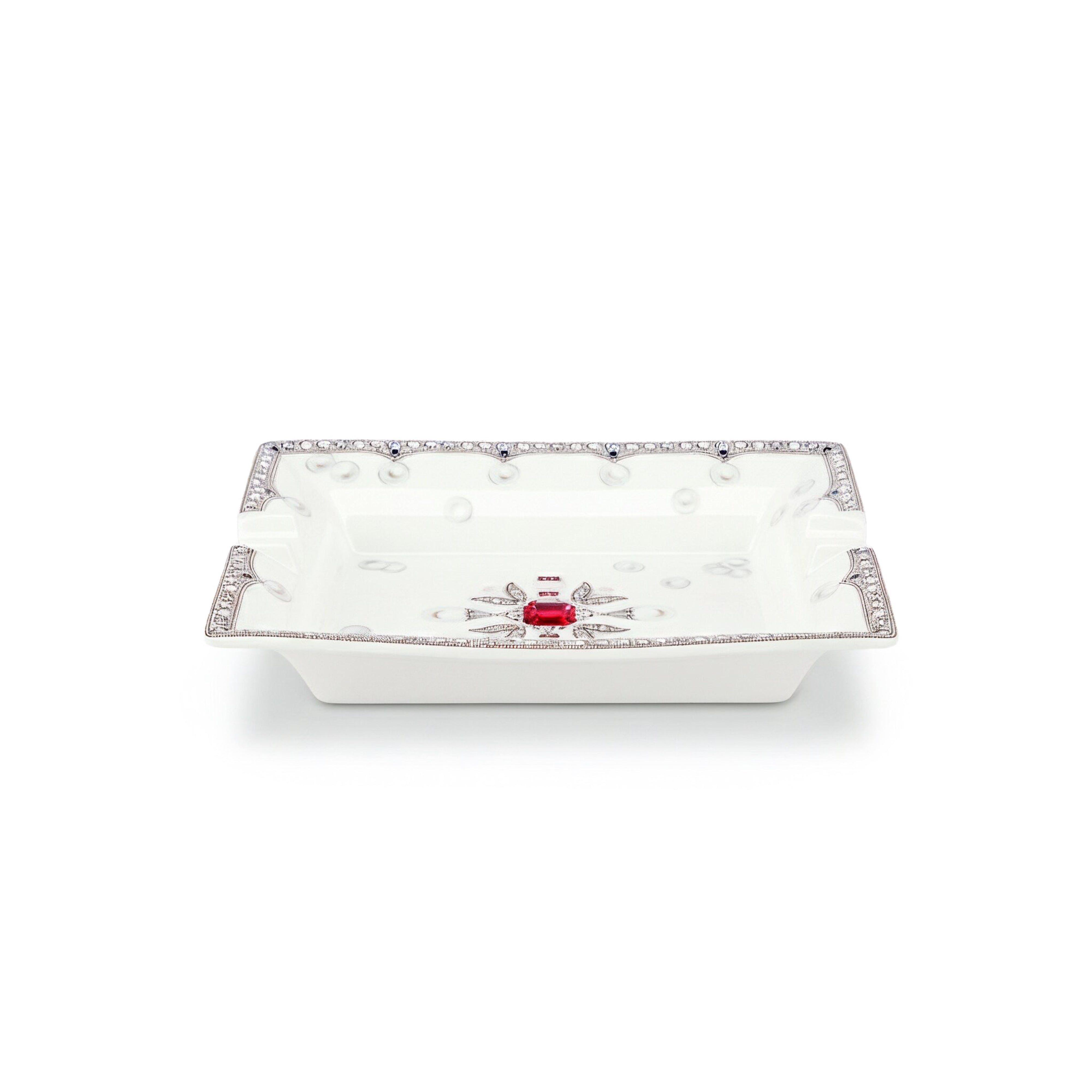 Fradkof. Limoges Hand Painted Porcelain Ashtray Studded with Ruby