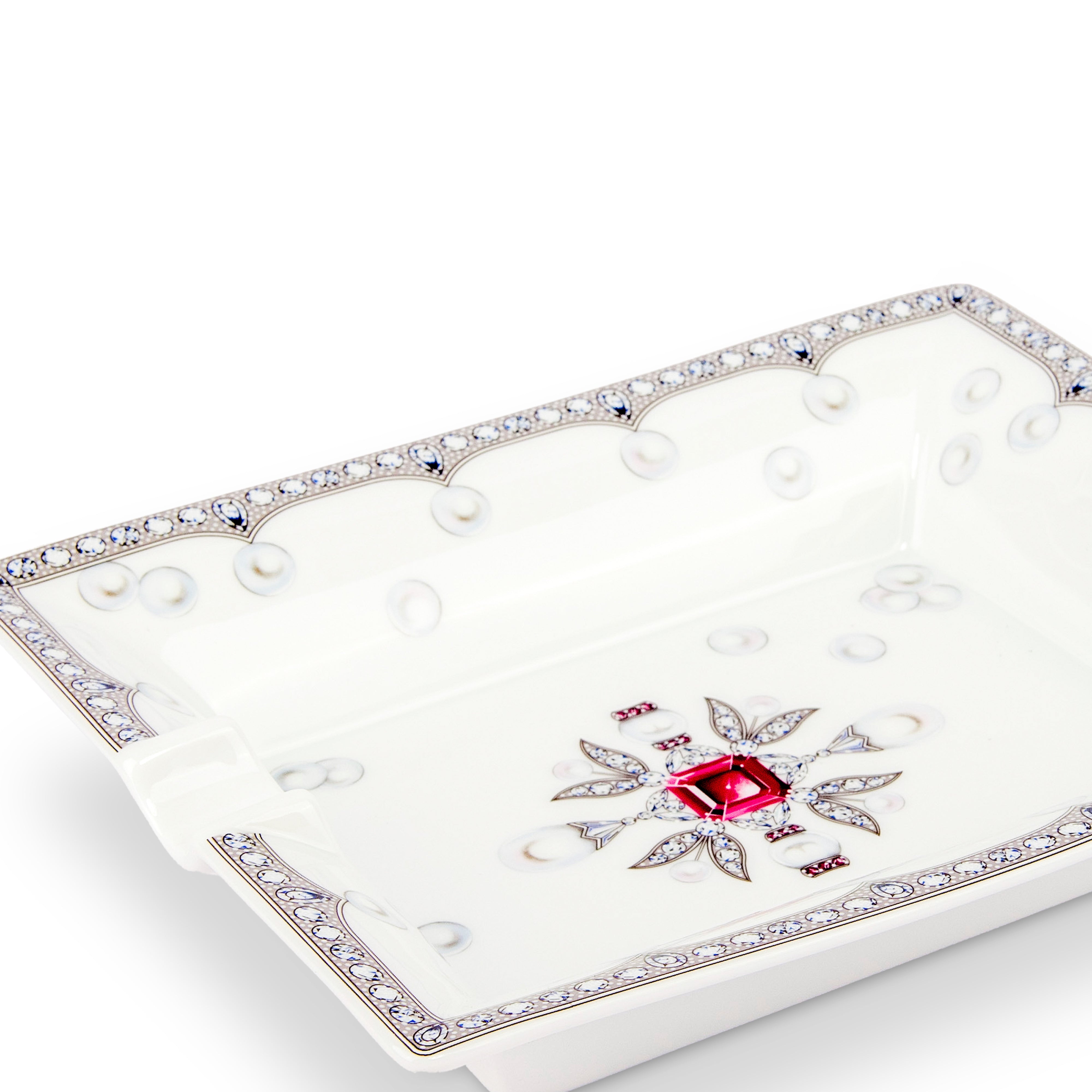 Fradkof. Limoges Hand Painted Porcelain Ashtray Studded with Ruby