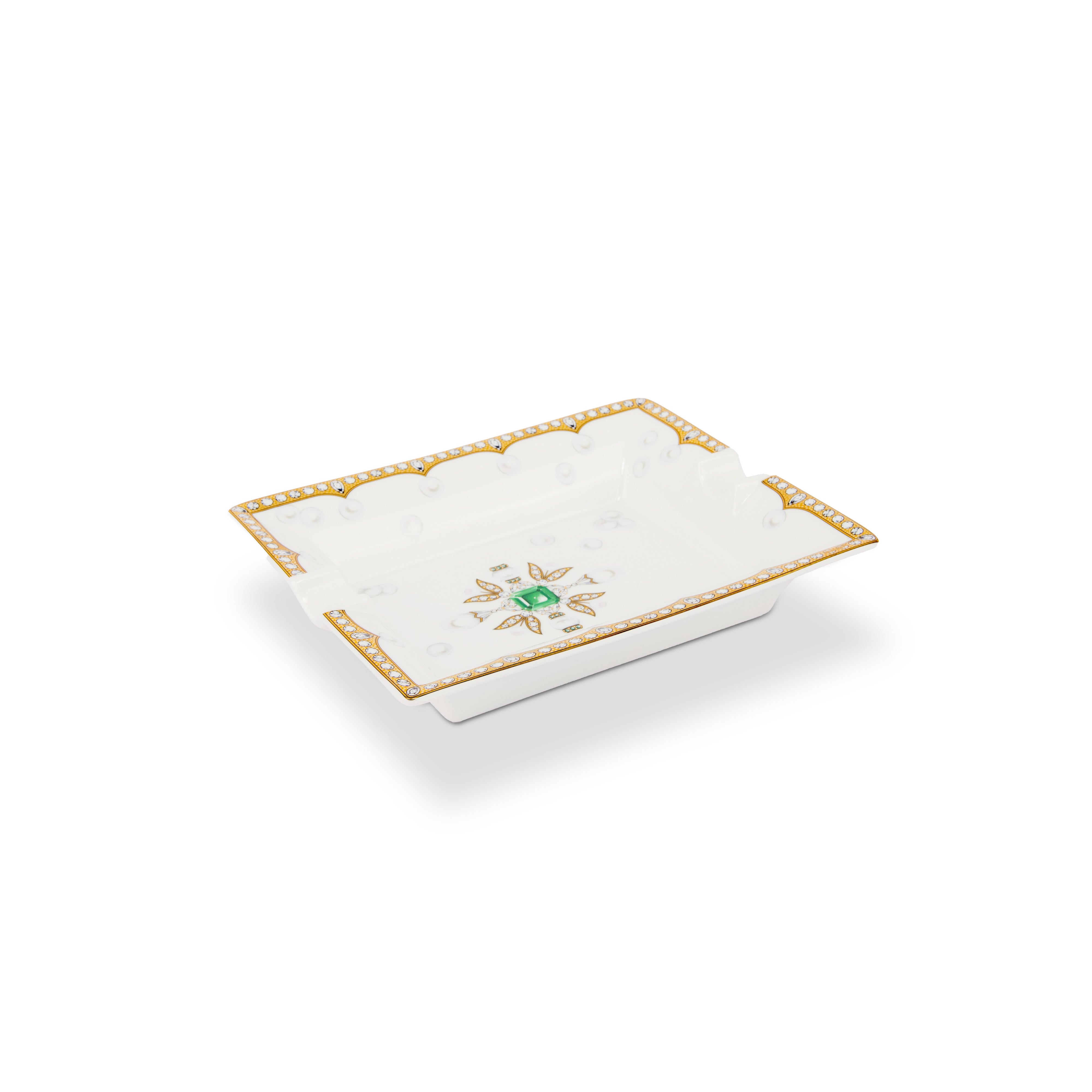 Fradkof. Limoges Hand Painted Porcelain Ashtray Studded with Emerald & Golden Detailing