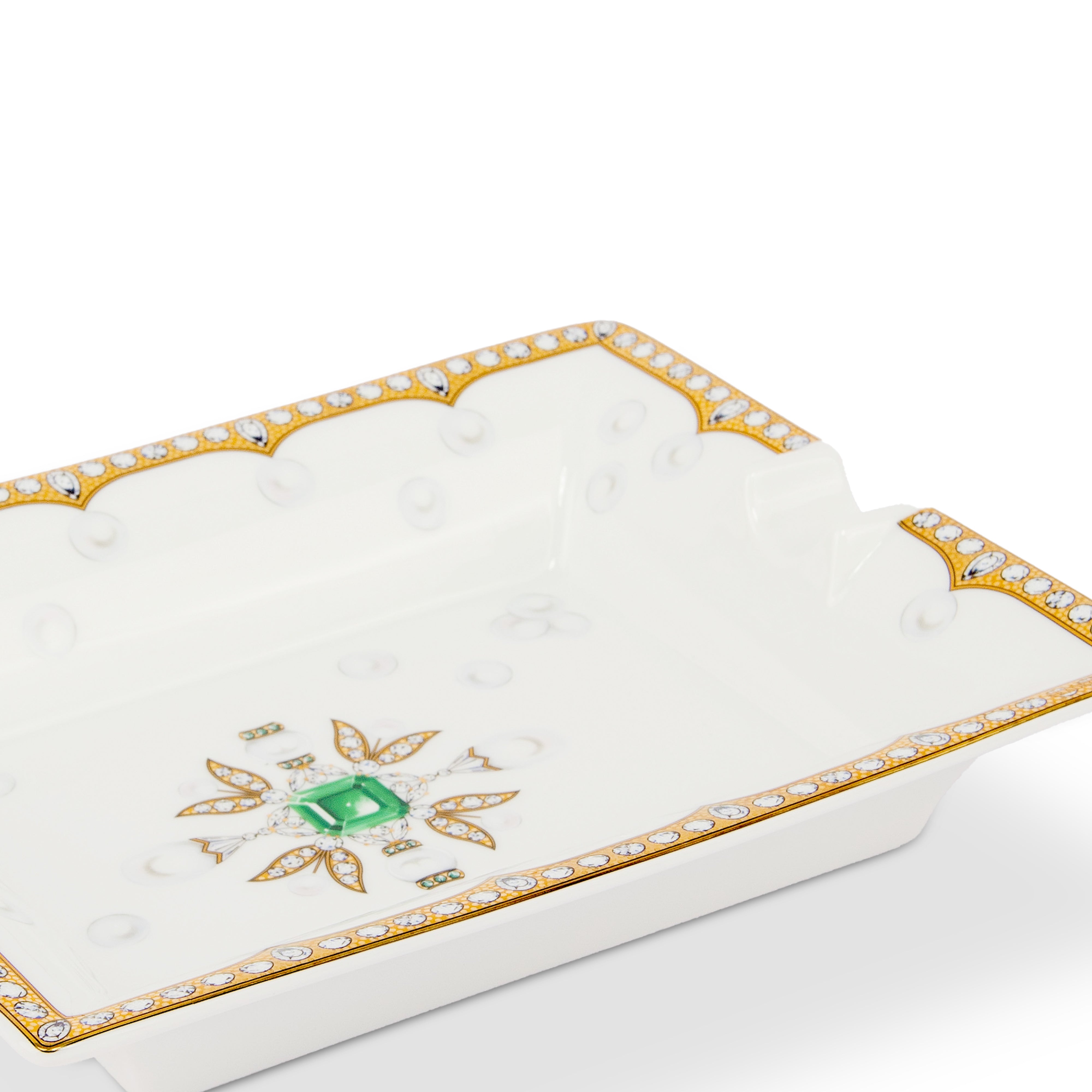 Fradkof. Limoges Hand Painted Porcelain Ashtray Studded with Emerald & Golden Detailing