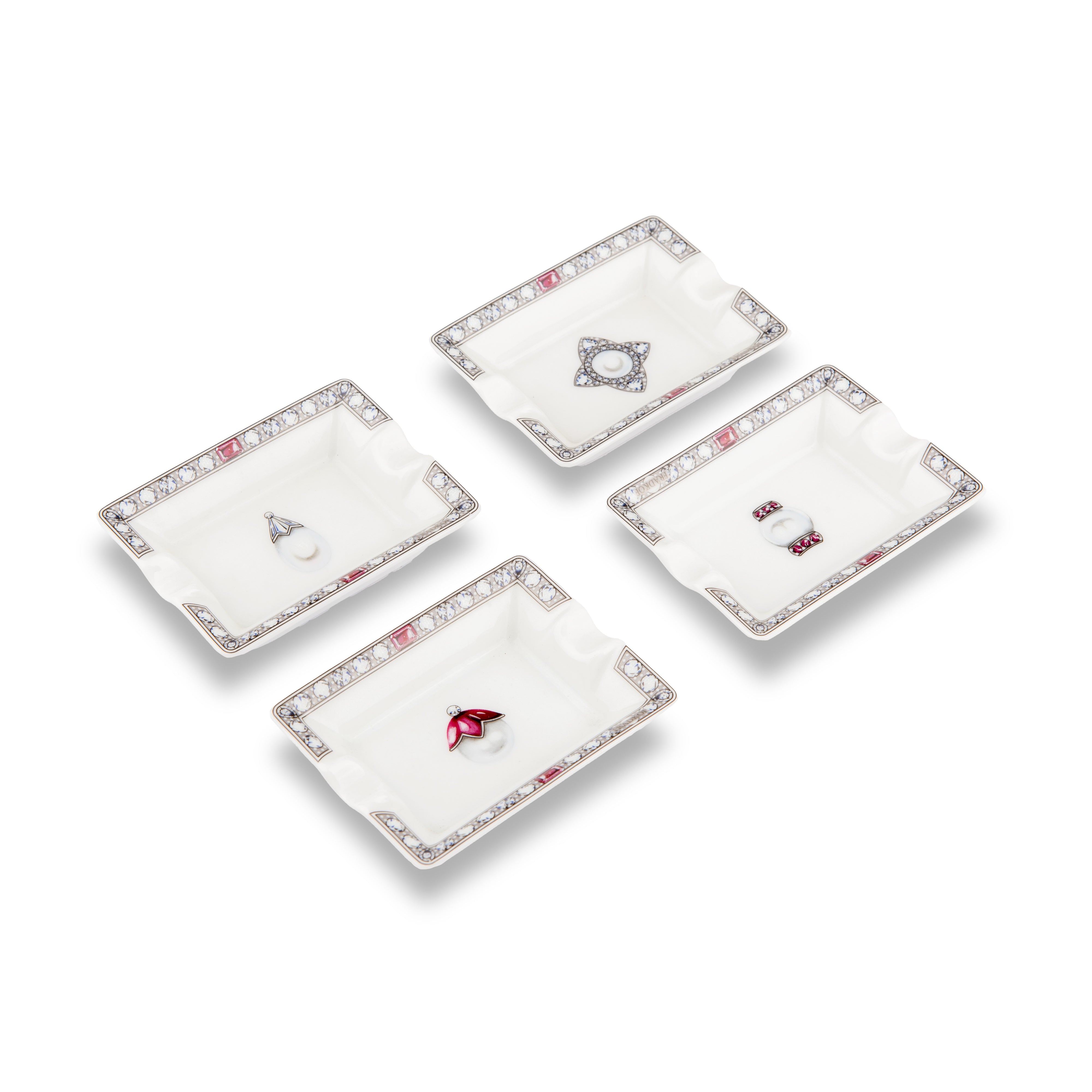 Fradkof. Set of 4 Limoges Hand Painted White Porcelain Ashtrays Studded with Gemstones