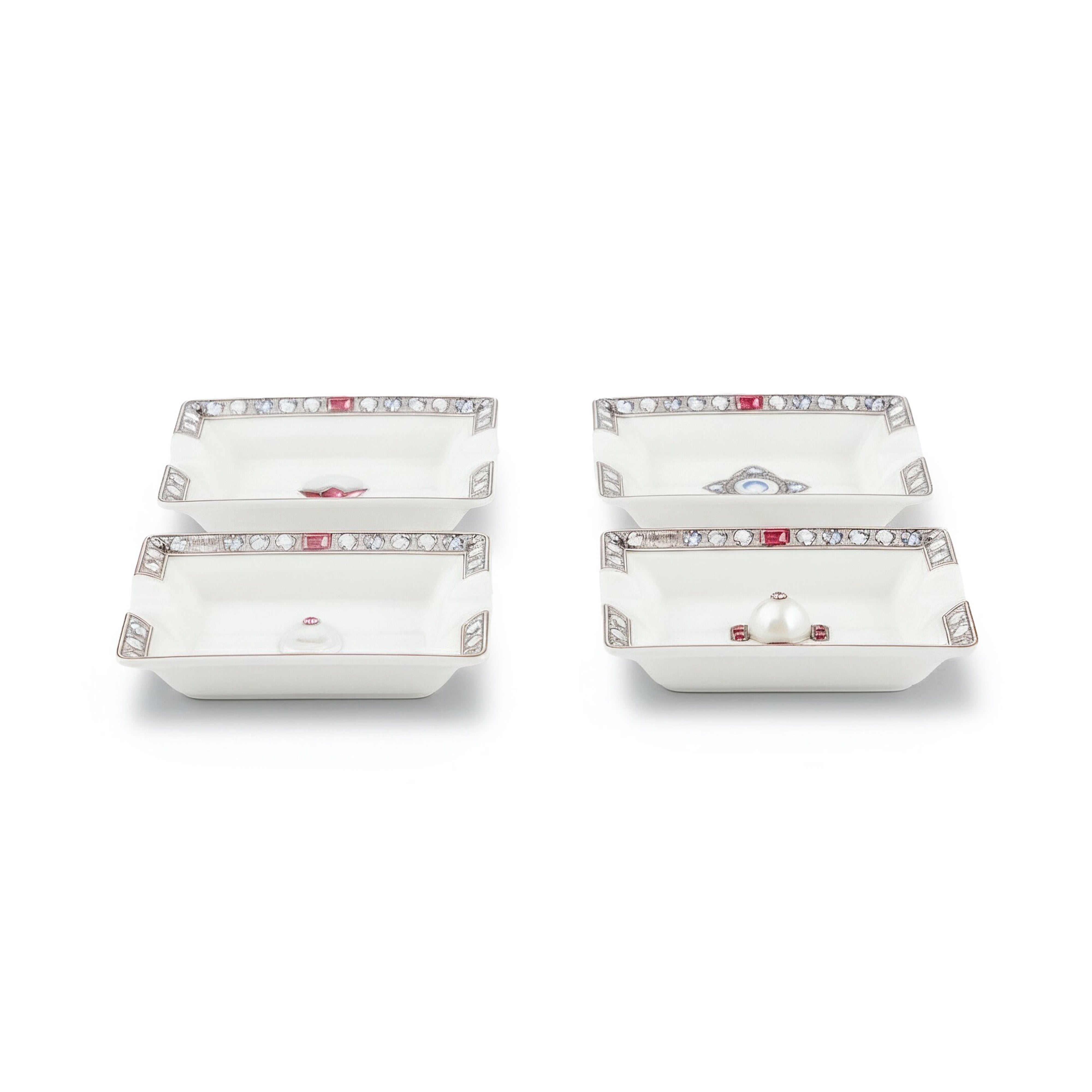 Fradkof. Set of 4 Limoges Hand Painted White Porcelain Ashtrays Studded with Gemstones