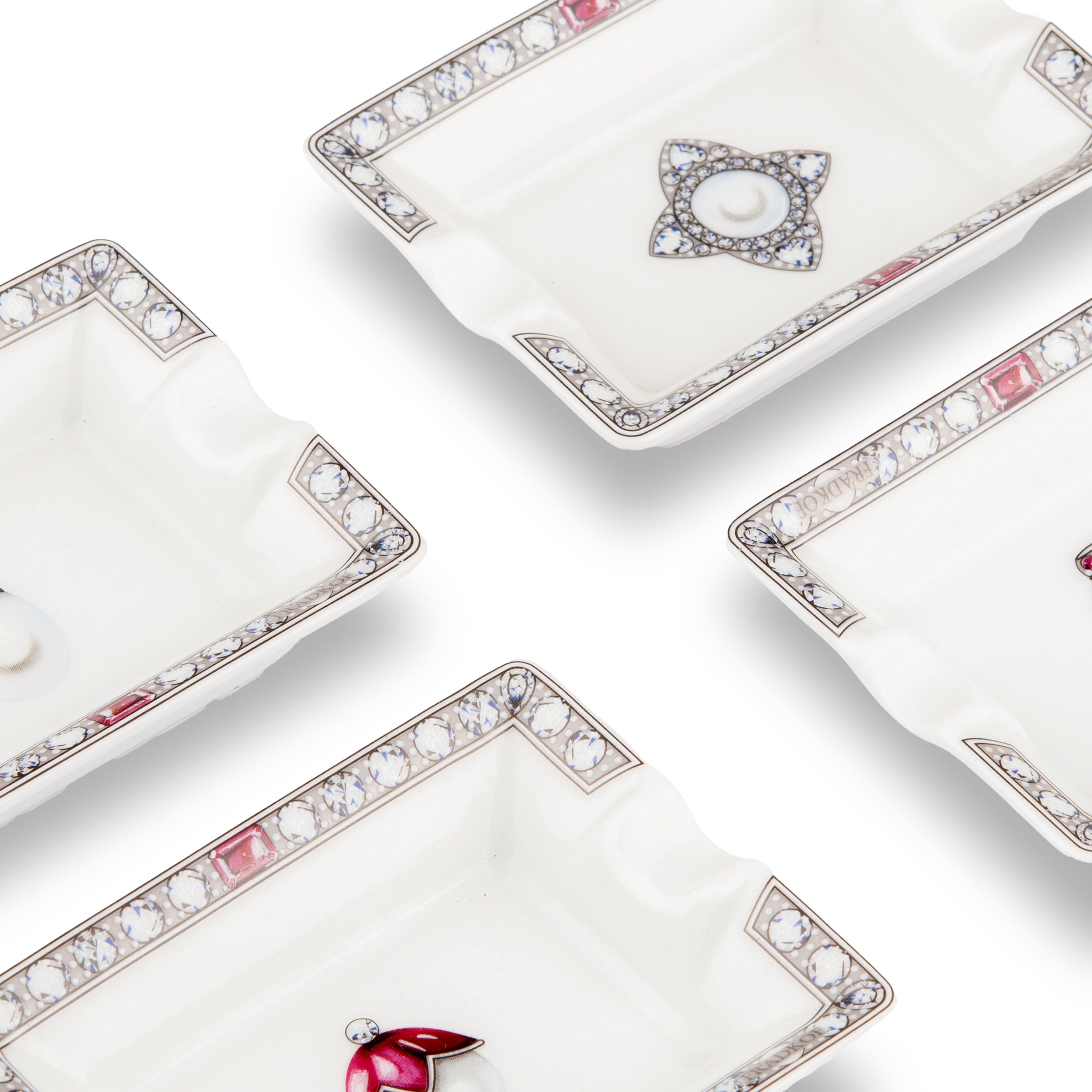 Fradkof. Set of 4 Limoges Hand Painted White Porcelain Ashtrays Studded with Gemstones